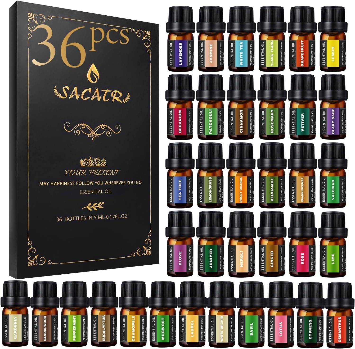 SACATR 36 Pcs Natural Essential Oil Sets,Fragrance Oil Scent (36 * 5ML) | For Diffuser, Humidifiers, Skin Care, Massage, DIY Candle,Soap Making, Festival Gifts