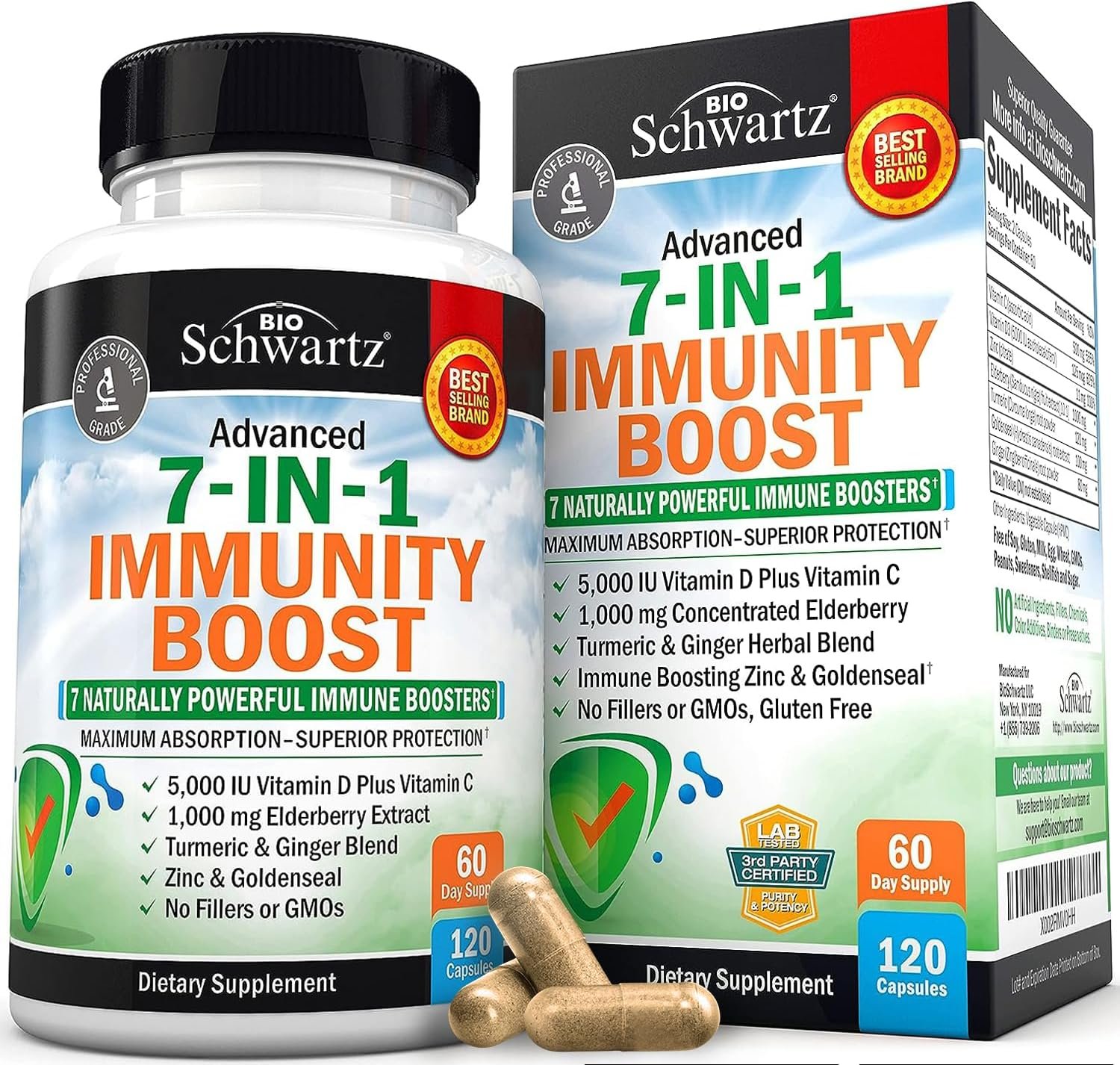 Immune Support Supplement with Zinc Elderberry Vitamin D 5000 IU, 120ct | Vitamin C, Turmeric, Ginger, Goldenseal Immunity Vitamins for Adults Women & Men – Gluten-Free, Non-GMO, Third Party Tested