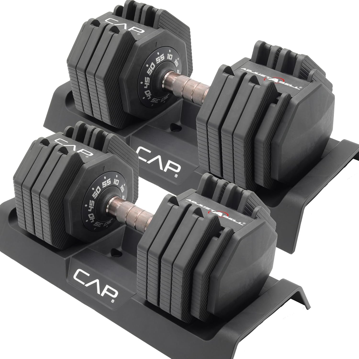CAP ADJUSTABELL Adjustable Dumbbell Set, Premium Quick Select Adjustable Weights for Strength Training, Singles & Pairs, 12.5 LB, 25 LB & 55 LB, Round & Hex Dumbbells, Multiple Grip Handle Options