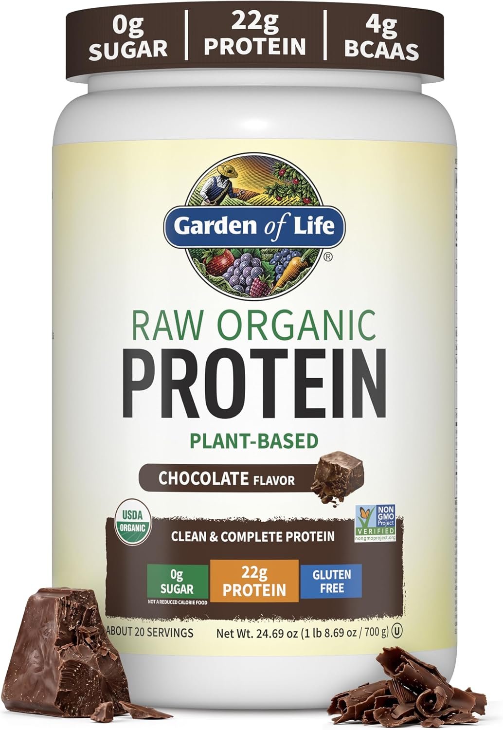 Garden of Life Protein Powder, Vegan Protein Powder, BCAA, Probiotics & Digestive Enzymes, Gluten & Lactose Free, Chocolate, 20 Servings