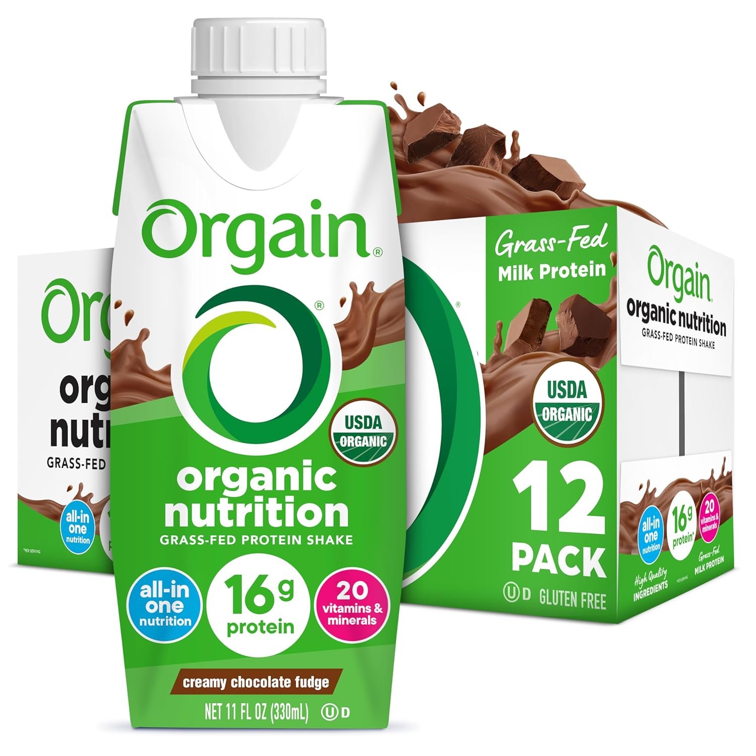 Orgain Organic Nutritional Shake, Creamy Chocolate Fudge – Meal Replacement, 16g Protein, 20 Vitamins & Minerals, Gluten & Soy Free, Kosher, Non-GMO, Packaging May Vary, 11 Fl Oz (Pack of 12)