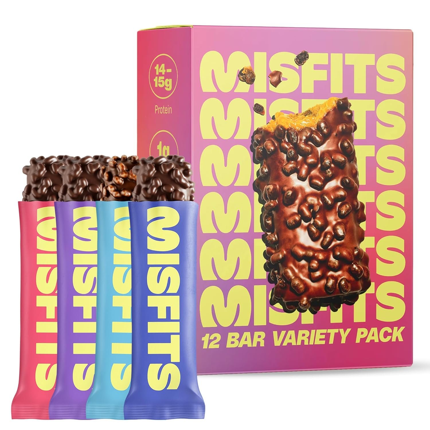 Misfits Protein Bar Variety Pack | Nutrition Bars – 14-15g Protein, 1g Sugar, Plant-based, Low Carb, Non-GMO, Gluten Free Snacks | Vegan Protein Bars | Pack of 12, Multiple Flavors