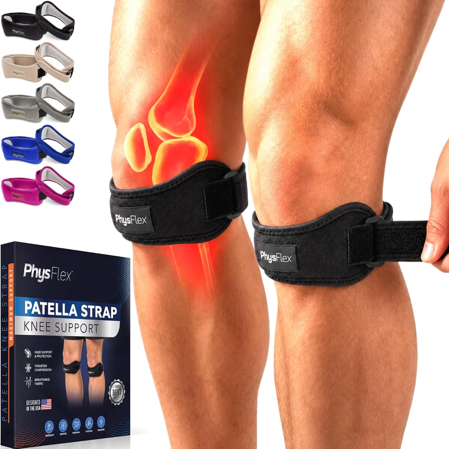 PhysFlex 2 Pack Patellar Tendon Support Strap – Knee Brace for Pain Relief, Patella Band for Basketball, Jumpers Knee, Tendonitis, Adjustable Patella Stabilizer Strap for Men & Women