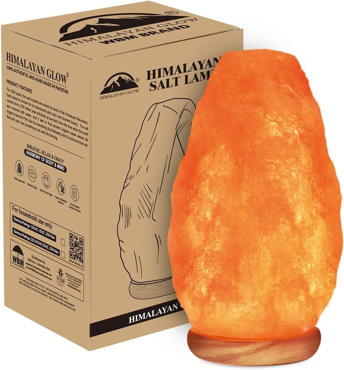Himalayan Glow Natural Himalayan Salt Lamp with Dimmer Switch – All Natural and Handcrafted with Wooden Base | 6-8 lbs