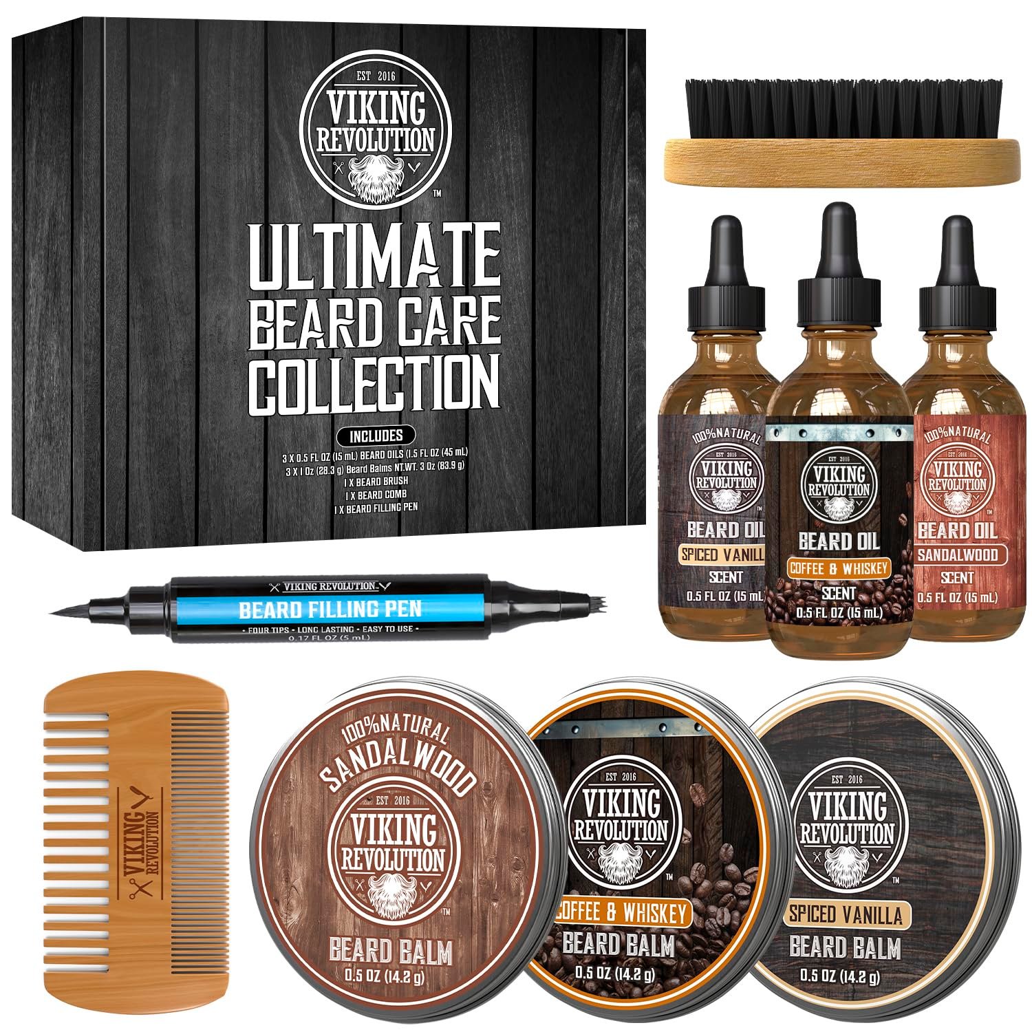Viking Revolution Ultimate Beard Care Collection – Gifts for Men Includes Oil, Balm, Brush, Comb and Pen – Beard Kit for Men with Sandalwood, Spiced Vanilla, Coffee Whiskey, Sweet Tobacco