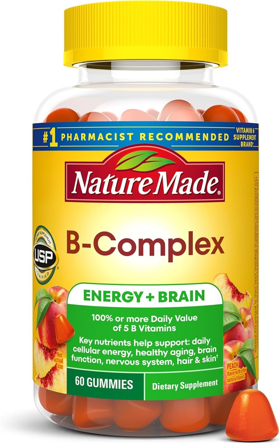Nature Made Vitamin B Complex Gummies, 60 Pectin Based Gummies | With 5 B Vitamins for Energy and Brain Support, Gluten Free, Peach Flavor, 60 Day Supply