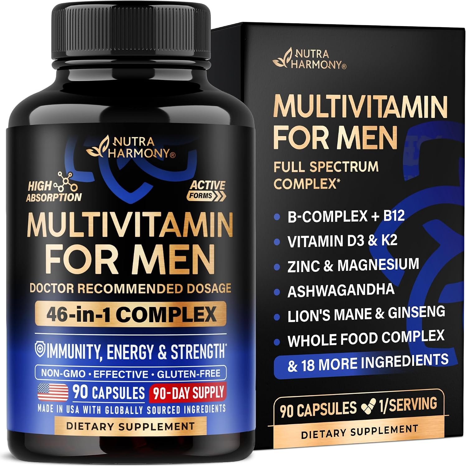 Multivitamin for Men – B-Complex | Whole Foods & Enzymes – Energy, Focus & Brain | Men’s Health Complex – 46in1 Mens Multivitamin – Bioavailable & Gentle on Stomach – Lab Tested – 90 Capsules, 1/Day