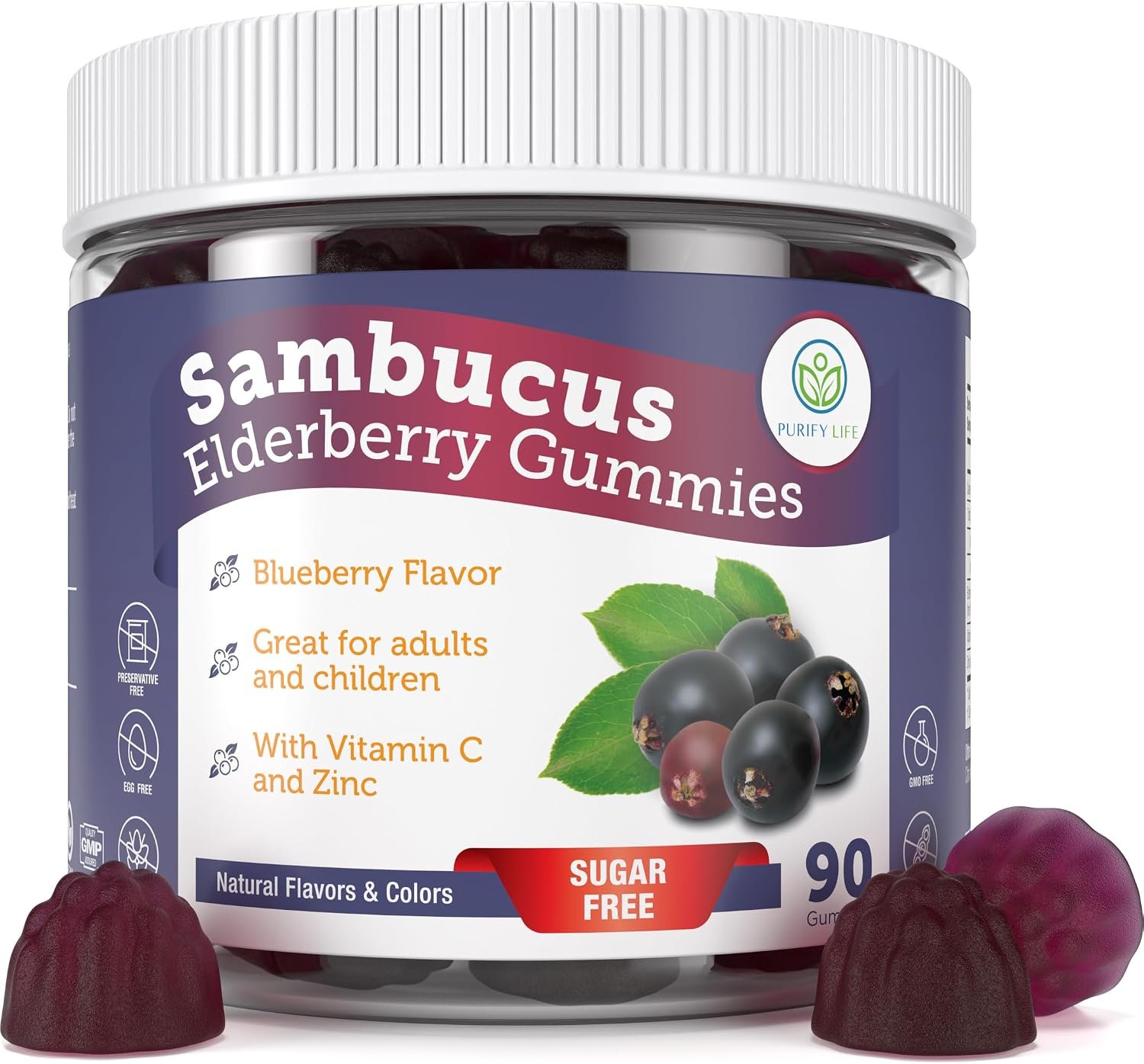 Sugar-Free Elderberry Gummies with Vitamin C & Zinc for Adults and Kids, Immune Support Supplement for Respiratory Health, Sambucus Elderberry Antioxidant Gummies – Vegan, 90 Count
