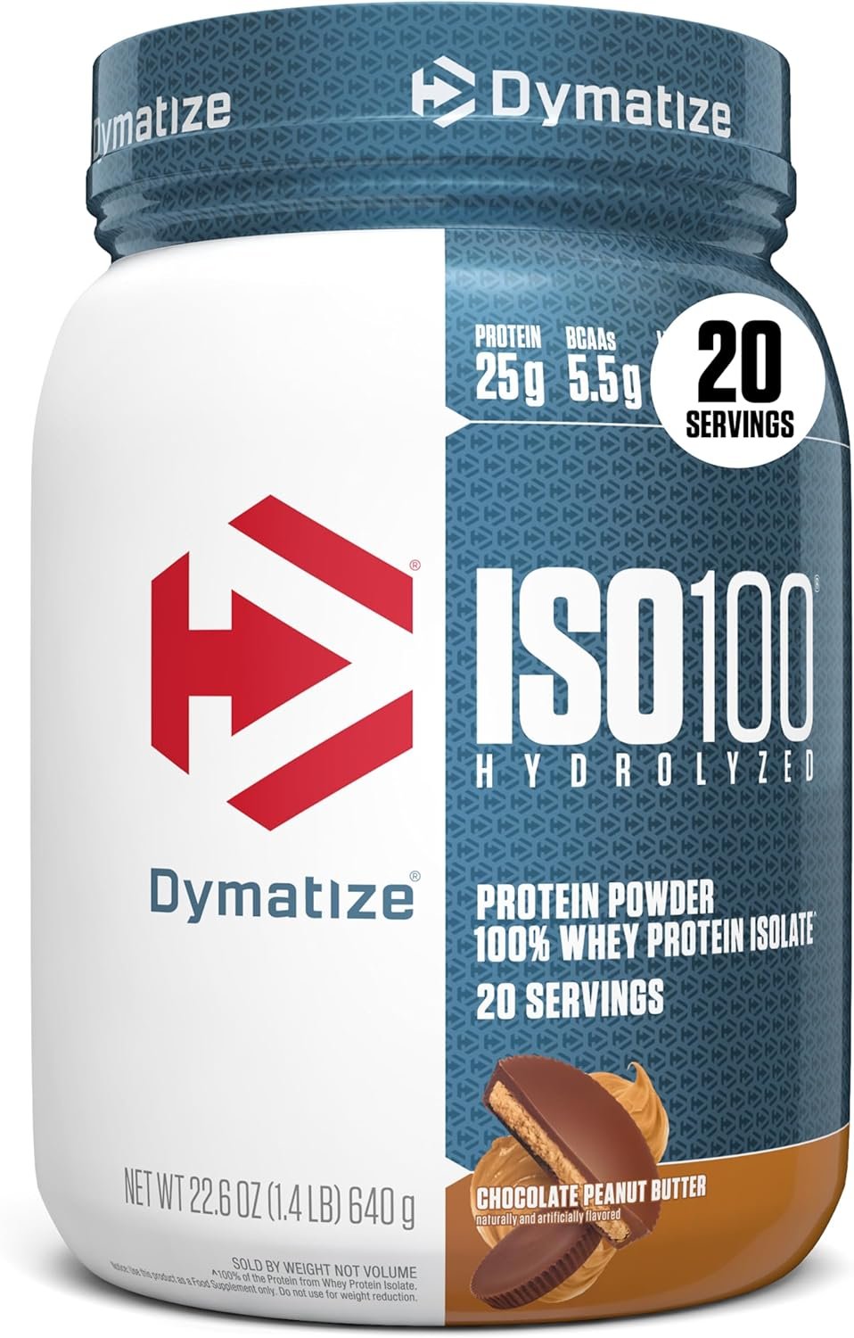 Dymatize ISO100 Protein Powder, 100% Whey Isolate, Chocolate Peanut Butter | 25g Protein, Hydrolyzed, Fast-Absorbing, Supports Muscle Health, 5.5g BCAAs, Gluten-Free, 20 Servings, 1.4 lb