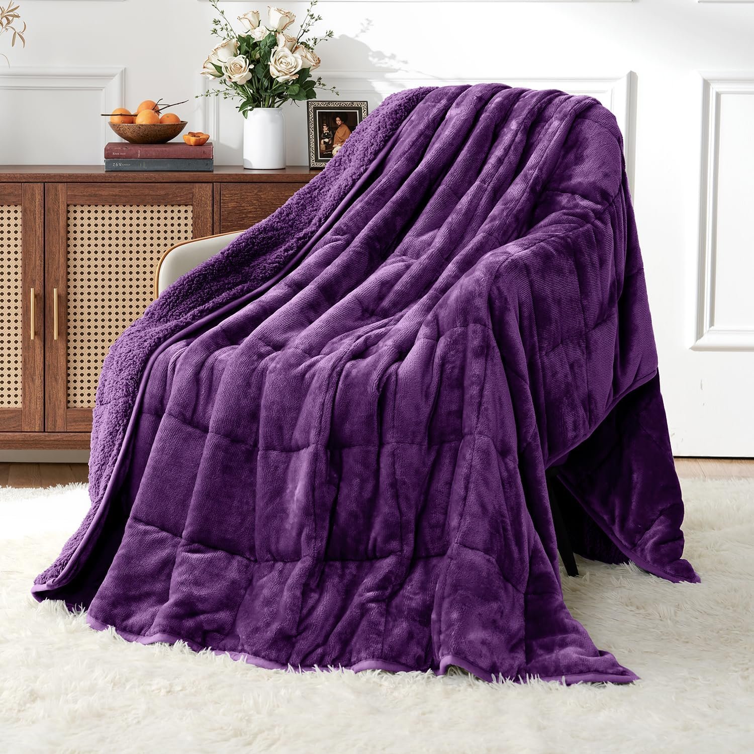 Uttermara Weighted Blankets for Adults Queen Size, 15lbs 60×80 inches | Soft Plush Fleece; Warm Cozy Sherpa; Machine Washable; Filled with Glass Beads; Heavy Throw for Sleep and Calm; Purple