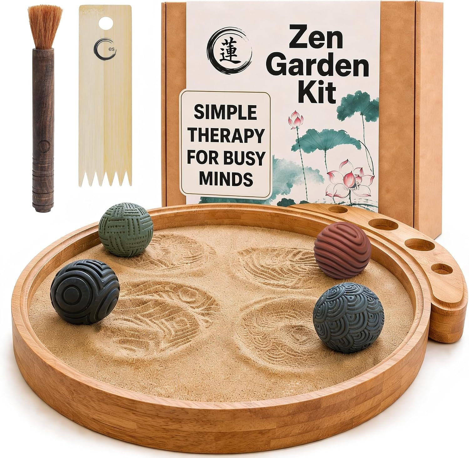 ENSO Zen Garden for Desk, Japanese Bamboo Sand Tray Therapy Kit | Lead-Free Granite Stone, Patented Elemental Design, 1-Inch Deep Bamboo Base, Includes Rake and Brush, Adult and Kids Use