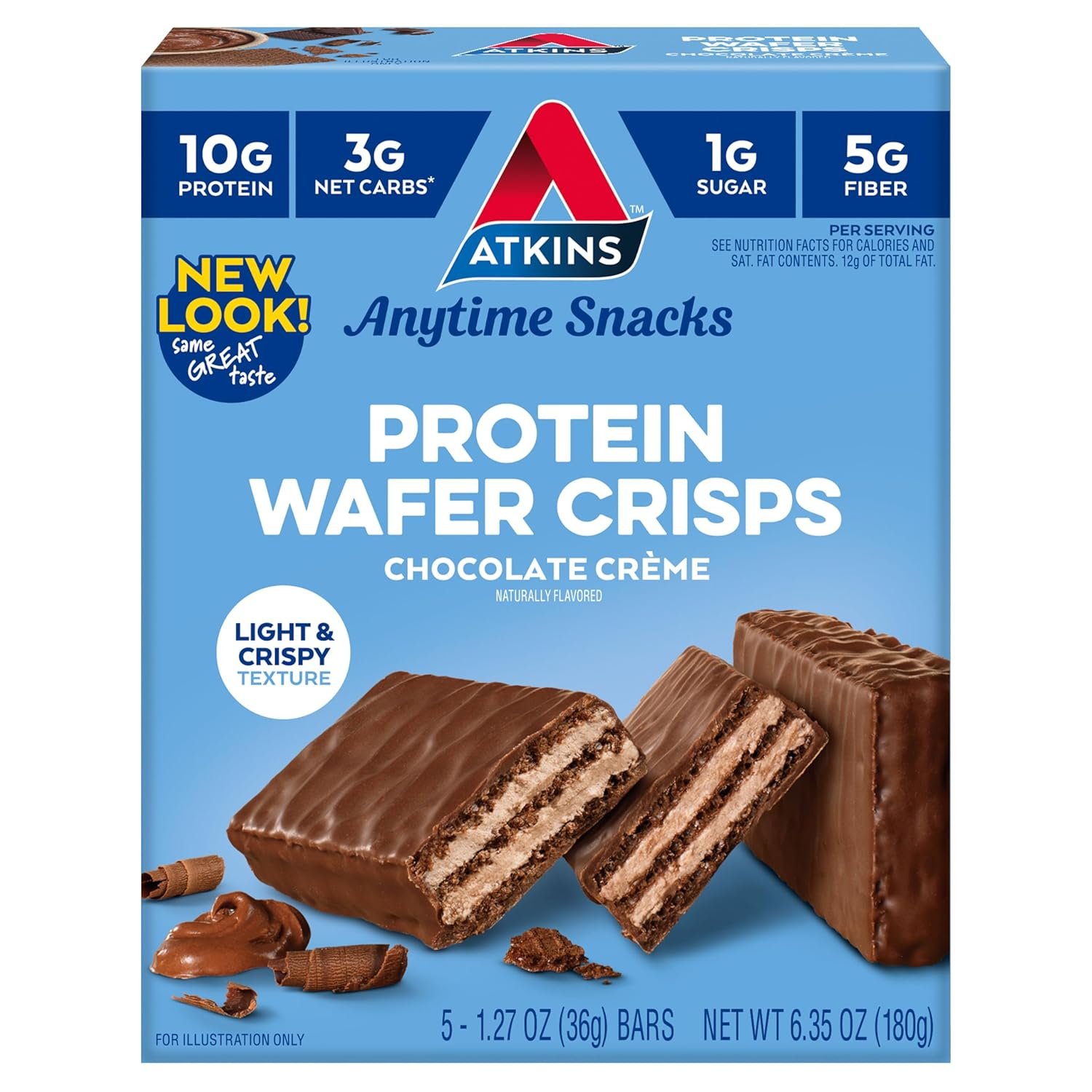 Atkins Chocolate Creme Protein Wafer Crisps, 4g Net Carb, 1g Sugar, 5 Count | 10g Protein, 3g Net Carbs, 1g Sugar, 5g Fiber, Keto Friendly, Crispy Layers, Creamy Chocolate Flavor, Individual 1.27oz Bars