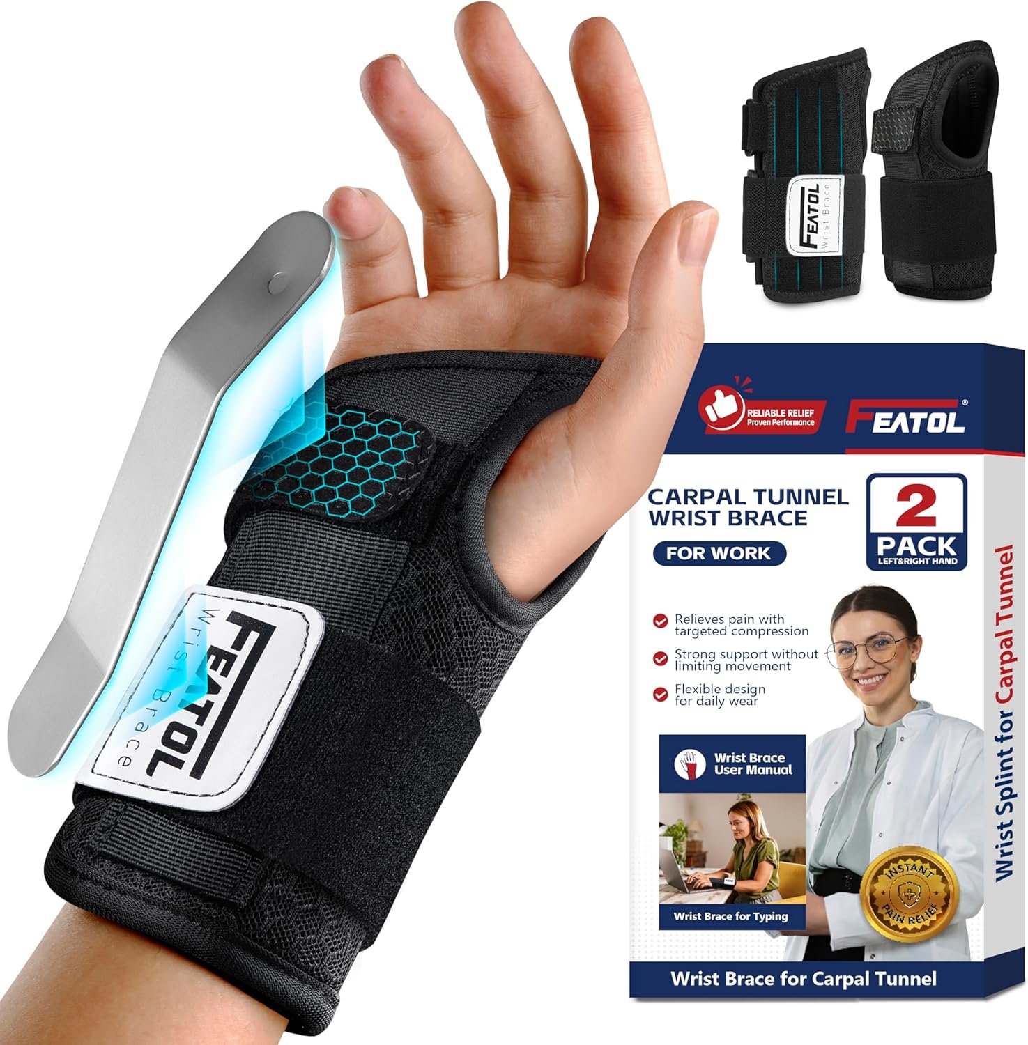 FEATOL 2 Pack Carpal Tunnel Wrist Brace For Work With Wrist Splint, 6.5” Hand Brace Night Support For Women Men, Pain Relief For Tendonitis, Arthritis, Pregnancy, Typing, Right and Left Hand, Small