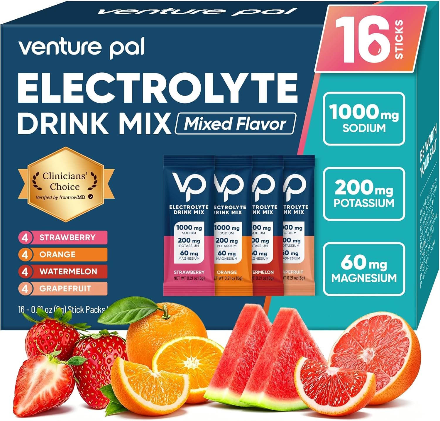 Venture Pal High Sodium Sugar Free Electrolytes Powder Packets – Hydration Packets with Vitamin, Sodium & Potassium | Zero Calories | Vegan, Keto & Paleo Friendly Electrolyte Drink Mix – 16 Sticks