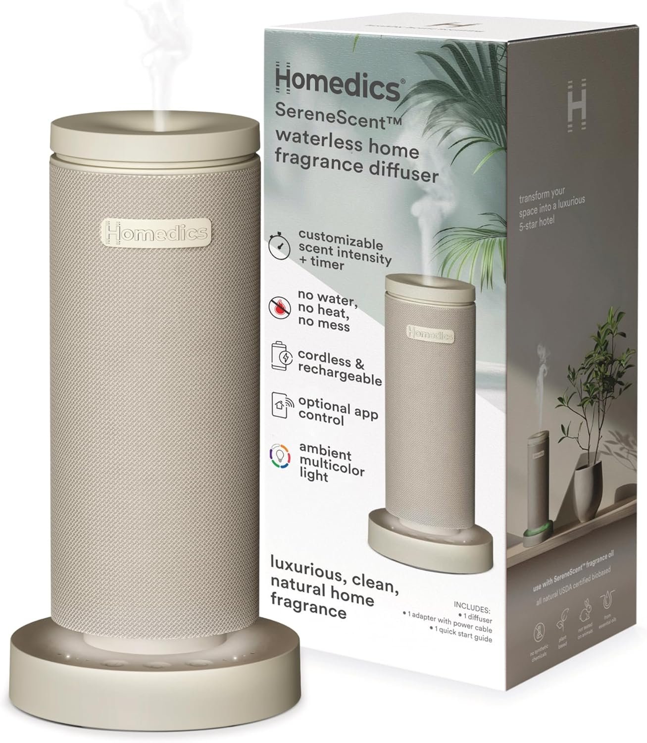 Homedics SereneScent Mini Fabric Rechargeable Waterless Diffuser, Beige | Cordless Aromatherapy Device, Use with SereneScent Oil 15ml (Sold Separately), Adjustable Mist Intensity & Ambient Light
