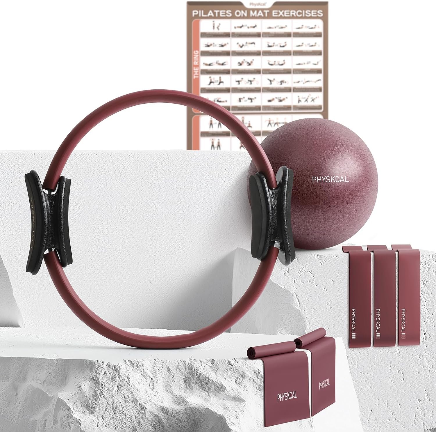 PhysKcal Pilates Kit, 15-Inch Pilates Ring with 1x Pilates Ball & 5X Bands | Aesthetic Home Pilates Equipment Set, Essential Kit for Beginners in Minimalist Style. Comes in Premium Packaging