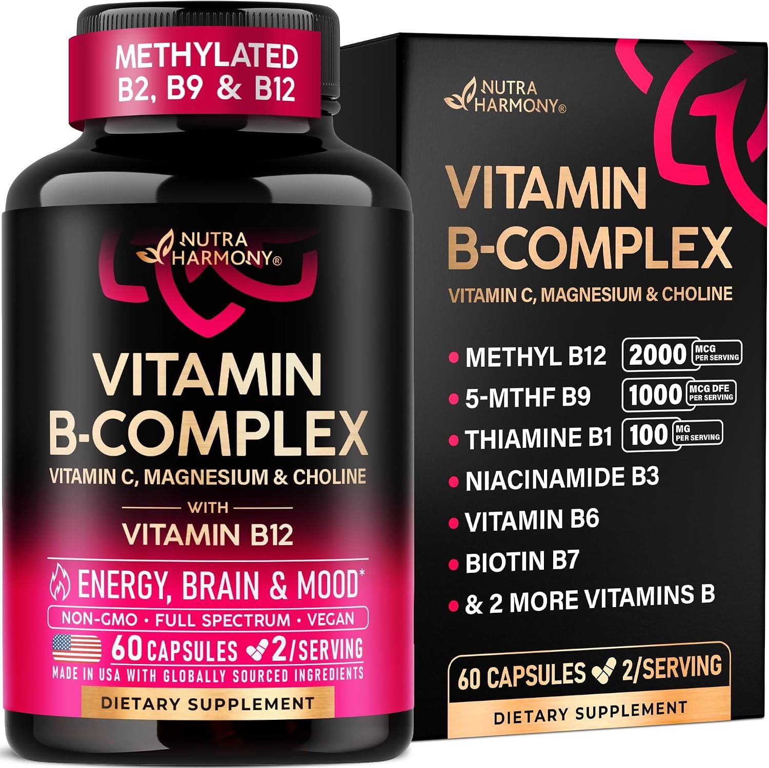 Vitamin B Complex for Men & Women – Full B-Complex & Vitamin B12 – 60 Caps | B1, B2, B3, B5, B6, B7, B9, B12 with Vitamin C, Magnesium, Choline, Inositol – Energy, Brain & Mood Support Supplement