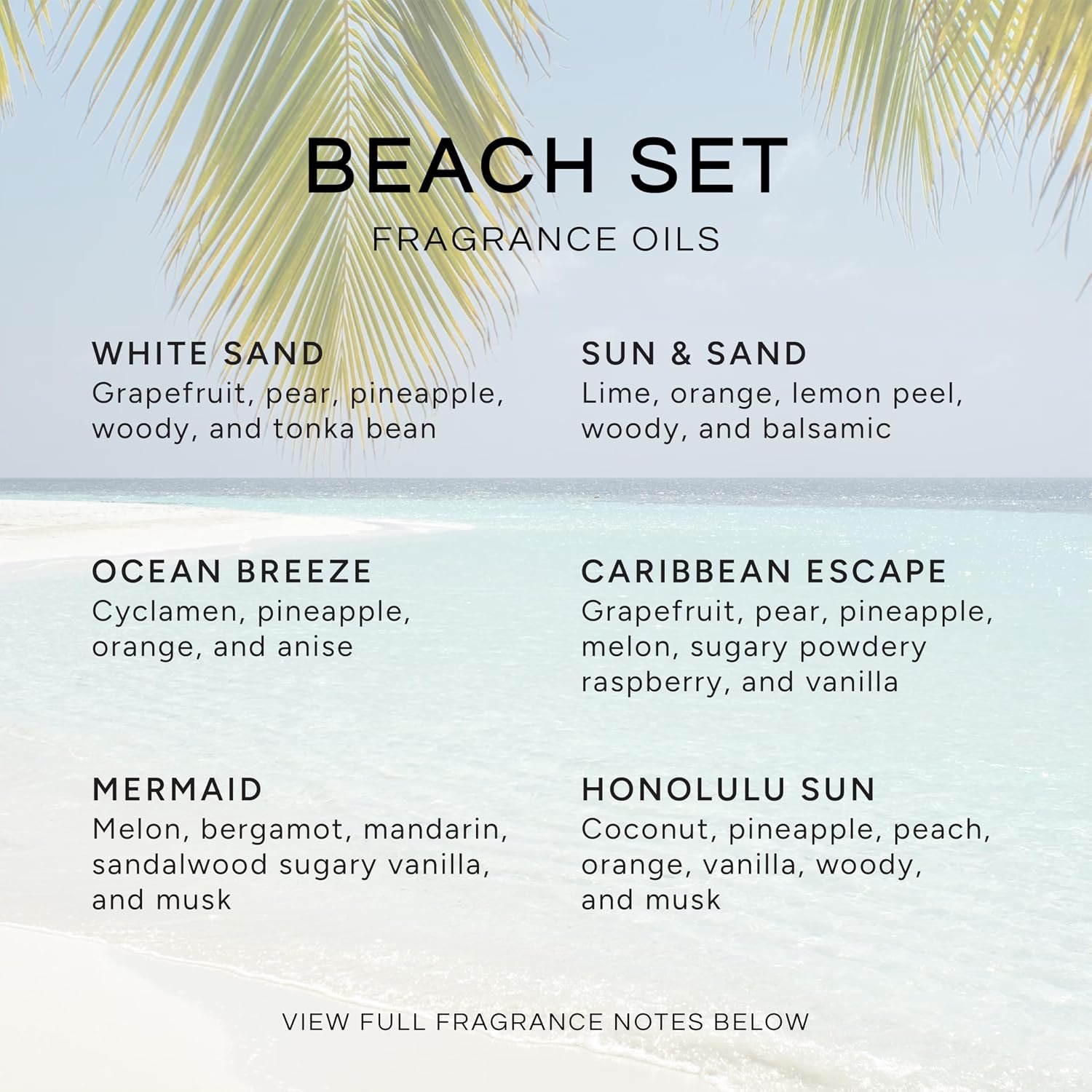 Eternal Essence Oils Beach Set of 6 Premium Fragrance Oils – Includes White Sand, Ocean Breeze, Honolulu Sun, Mermaid, Caribbean Escape, and Sun & Sand Scented Oils – 10ML