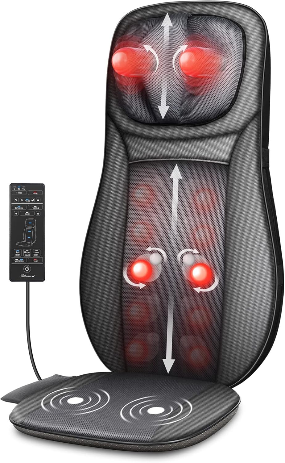 Snailax Shiatsu Neck & Back Massager with Heat Chair Pad Kneading Massage | Men Women Gift, Adjustable Neck Massage, Spot & Rolling Massage, Seat Vibration, 5/10/15 Min Timer