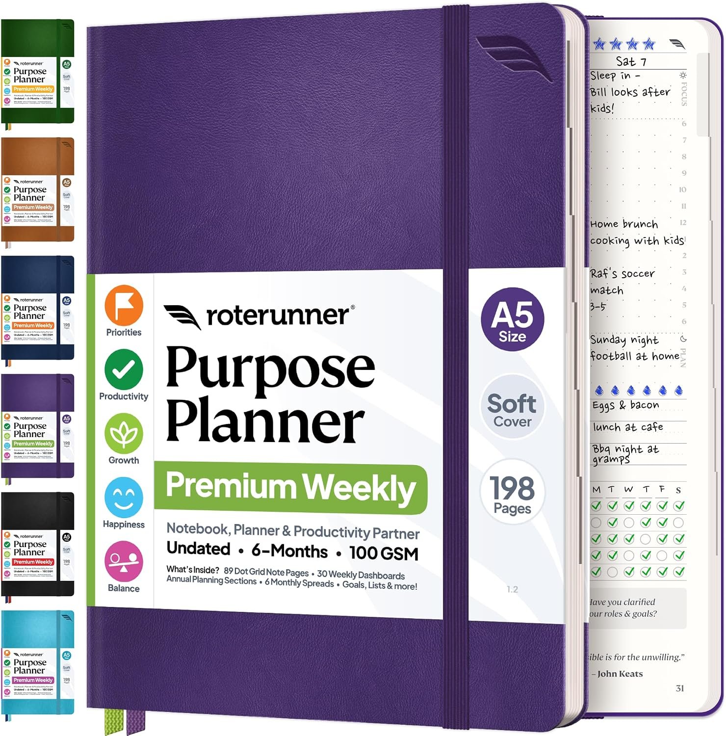 Purpose Planner Notebook A5 5.8”x8.3” Undated 2026 Daily Weekly and Monthly Productivity Goal Setting Tool for Work Home ADHD Planner for Adults Self Care Journal (Purple Softcover)