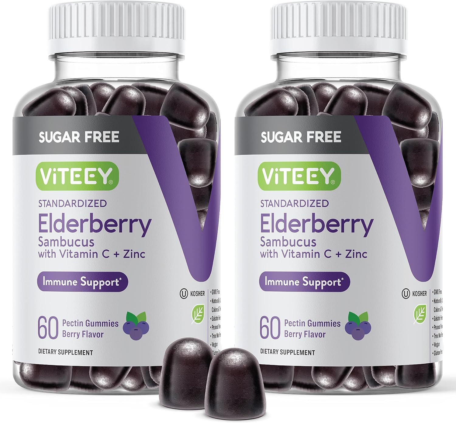 Viteey Sambucus Elderberry Gummies for Adults & Teens + Zinc & Vitamin C | Sugar Free – Immune Support & Booster Herbal Supplement – Vegan, Gluten Free, Gelatin Free, GMO Free, Chewable Berry Flavored