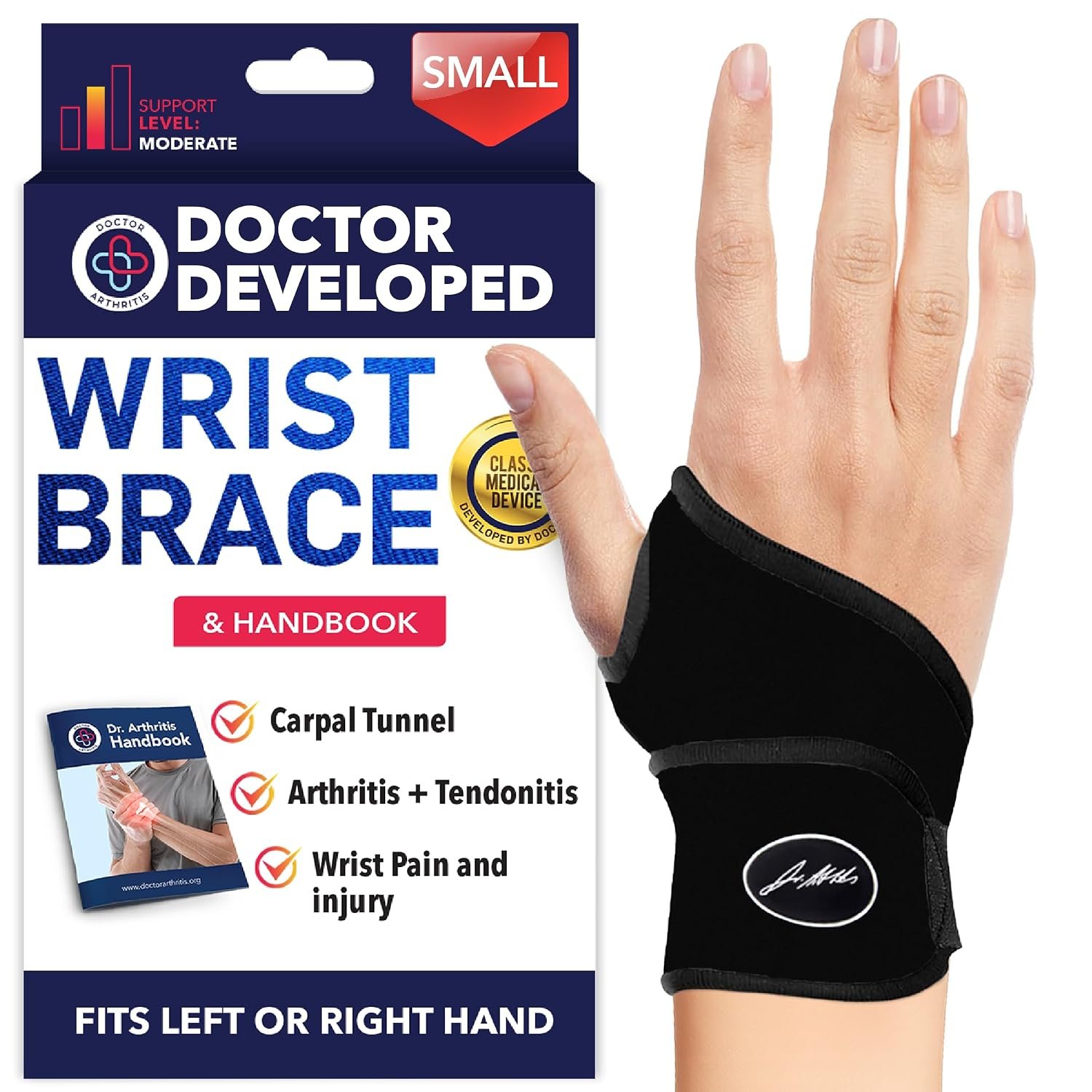Doctor Developed Wrist Brace, Wrist Wraps for Carpal Tunnel Arthritis, Tendonitis, Hand Support, Ideal for Fitness, Weightlifting – Handbook Included (Wrist Brace – Small)