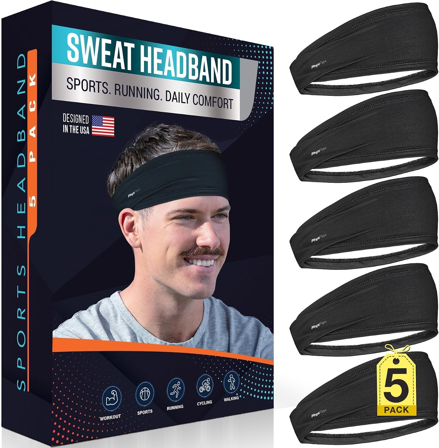 5 Pack Sport Headbands for Men & Women – Sweat-Wicking Workout & Running Head Bands – Exercise Sweat Band for Workout, Basketball, Tennis, Cycling, Yoga