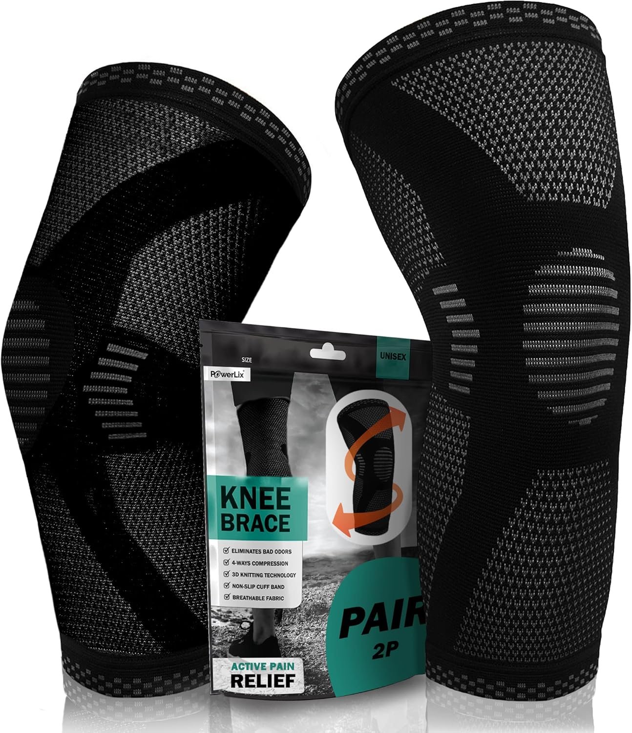 POWERLIX Knee Compression Sleeve (Pair) – Best Knee Brace for Knee Pain for Men & Women – Knee Support for Running, Basketball, Volleyball, Weightlifting, Gym, Workout, Sports L (BLCK) (2P)