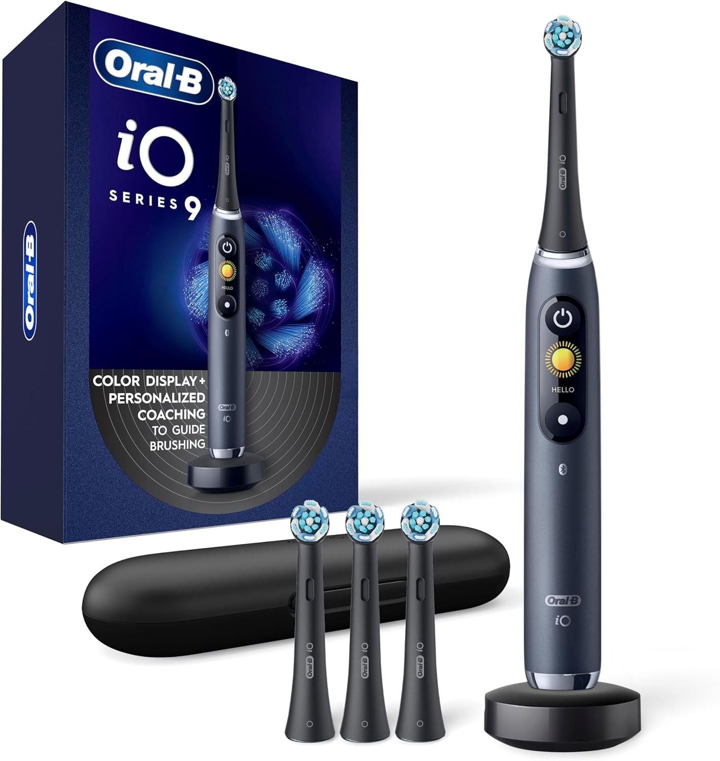 Oral-B Rechargeable Electric Toothbrush, iO Series 9 Genius, Black, 4 Replacement Brush Heads, Power Charging Travel Case, Teeth Whitening, Visible Pressure Sensor to Protect Gums, 7 Modes