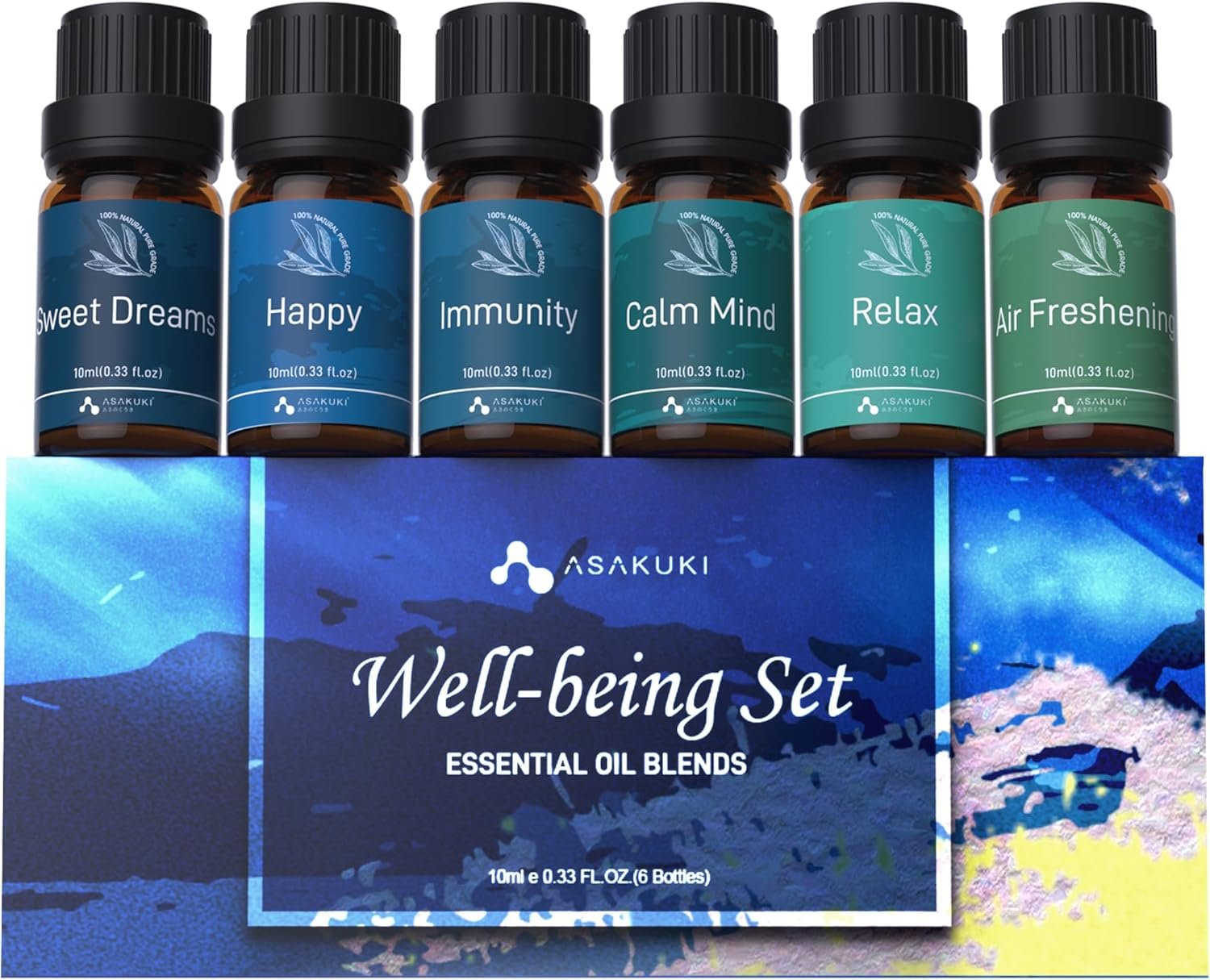 ASAKUKI Essential Oils, Well-Being Diffuser Oils Gift Set, 6x10ml | Includes Calm Mind, Sweet Dreams, Happy, Relax, Air Freshening, Immunity, Essential Oil Set For Diffusers for Home