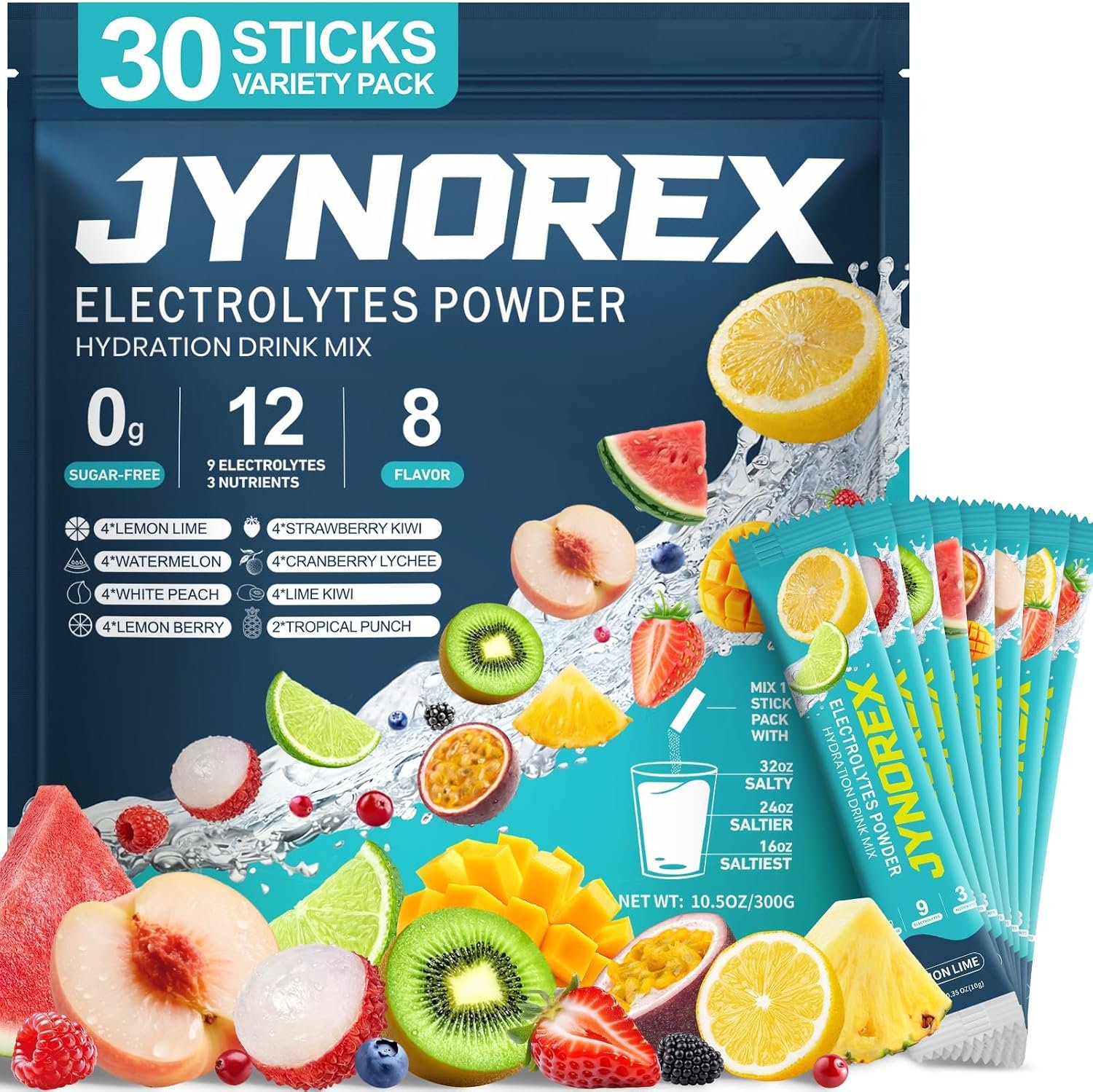 Electrolytes Powder Packets Sugar Free, 30 Sticks High Sodium Hydration Packets, Electrolyte Drink Mix with Lemon Lime Watermelon Peach Berry Kiwi Tropical Punch Lychee Cranberry, 10.5OZ