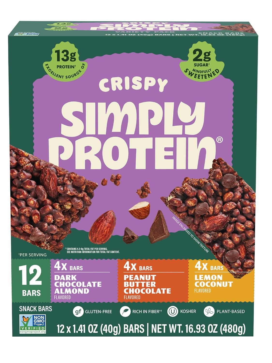 Simply Protein – Crispy Vegan Protein Bars Variety Pack, 3 Flavors – Plant Based, Protein Snacks – 13g Protein, 2g Sugar, 7g Fiber – Gluten Free, Non GMO, Kosher – 12 Bars