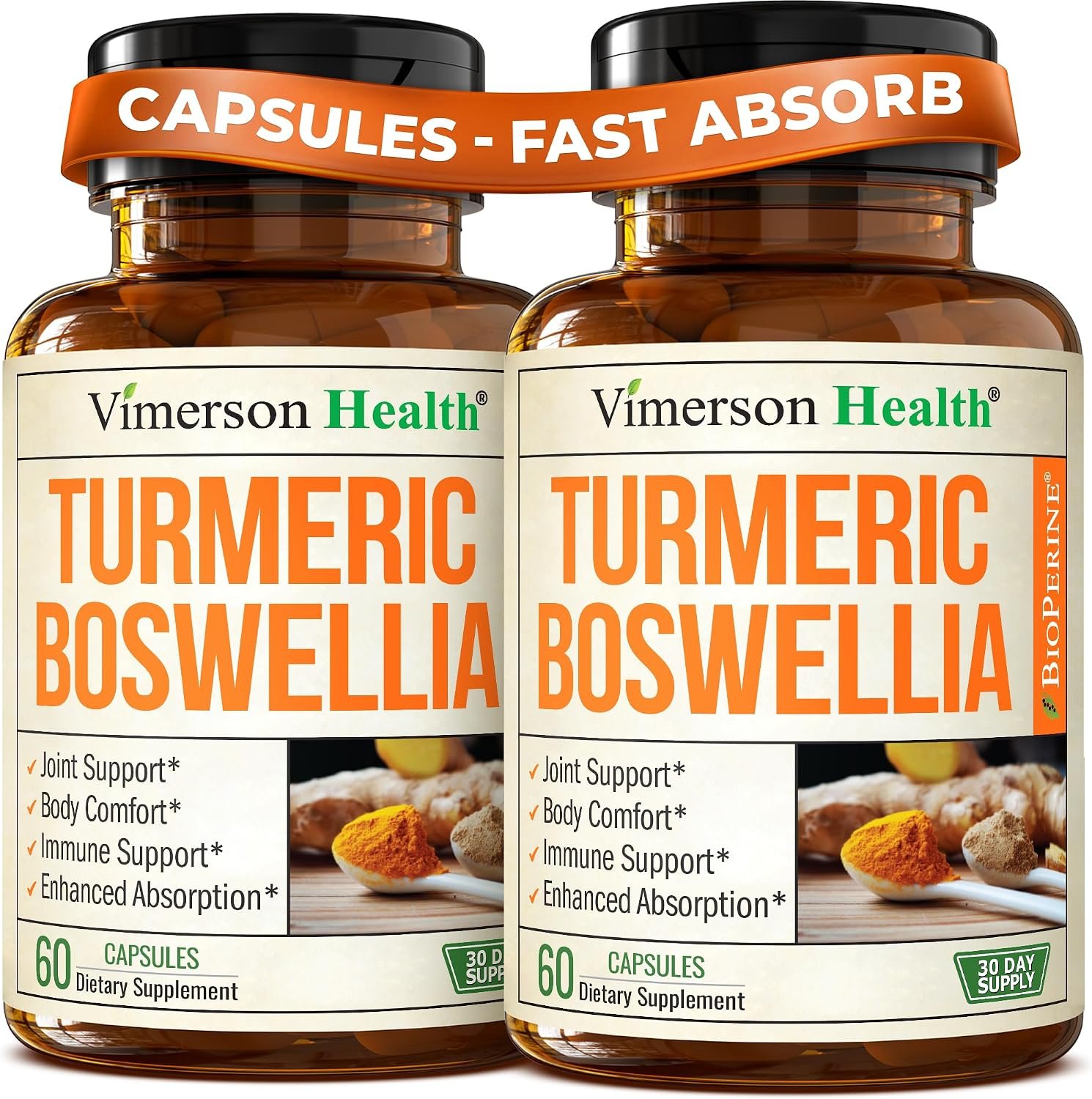 Boswellia Serrata Turmeric Curcumin Supplement: Organic Tumeric, Boswellia Extract, Ginger & BioPerine for Max Absorption – Inflammation & Joint Supplements for Men & Women – Non-GMO – 60 Caps, 2 Pack