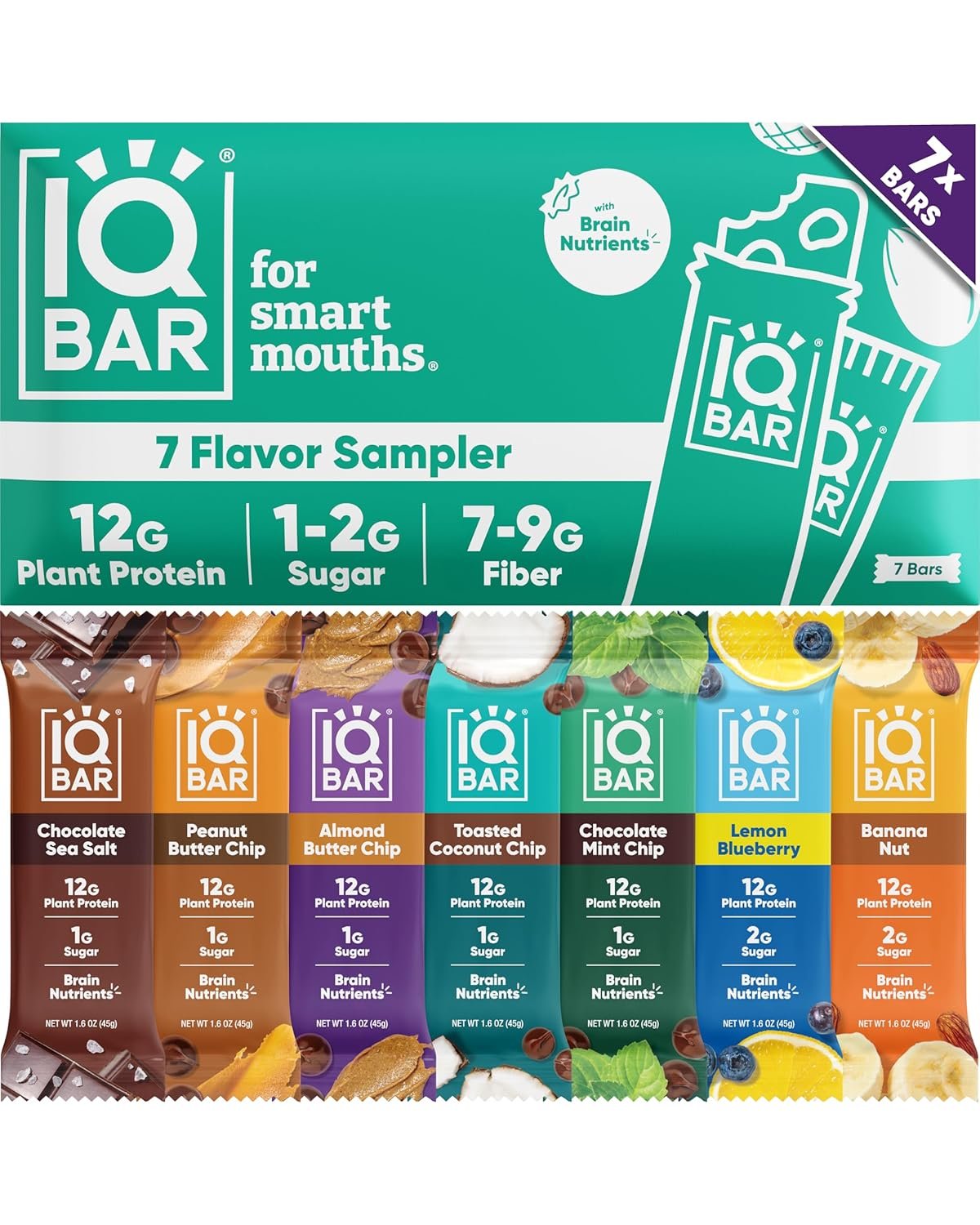 IQBAR Clean Plant Protein Bars, Sampler 7-Count | Protein Snack | High Fiber, High Protein, Low Sugar, Clean Label Project Certified | Gluten Free, Dairy Free, Vegan, Keto, Soy Free