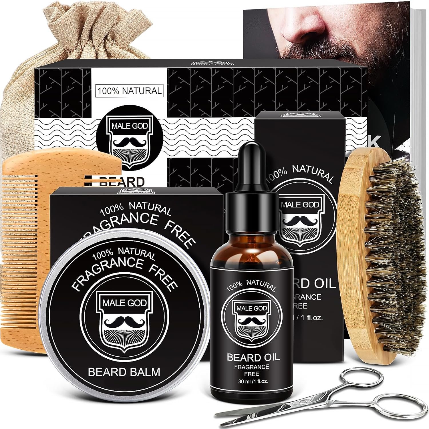 MALE GOD Beard Kit for Men’s Grooming & Care, Natural Ingredients Beard Oil, Balm, Brush, Comb, Stocking Stuffers for Adult Men, Chirismtas & Birthday Gifts for Men Dad Him Husband Boyfriend Brother