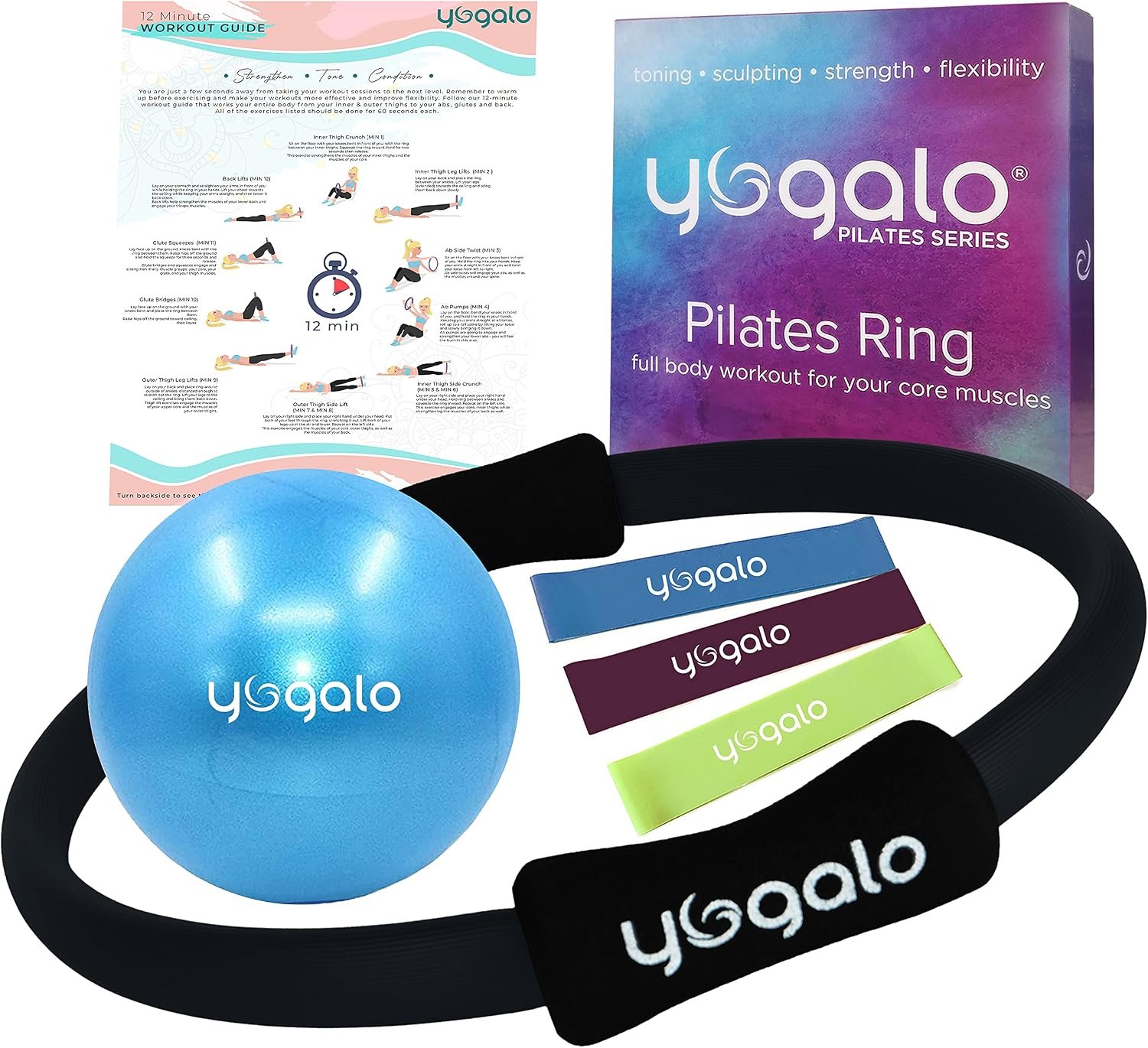 Pilates Ring and Ball Set with 3 Resistance Bands – Pilates Equipment for Home Workout – Magic Circle Pilates Ring 14 Inch to Tone, Sculpt and Strengthen – Fitness Ring for Yoga and Pilates