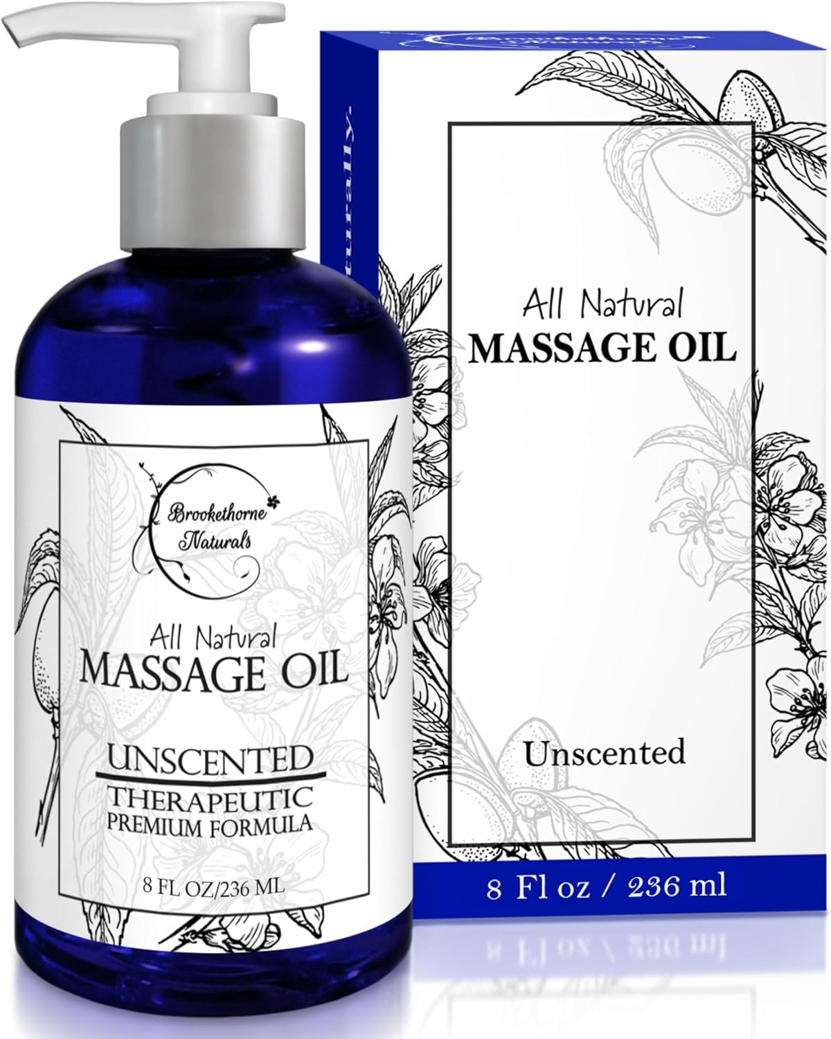 Unscented Massage Oil for Massage Therapy 8oz | Brookethorne Naturals | 100% Natural Body Oil with Sweet Almond, Grapeseed & Jojoba for Premium Glide – Pure Carrier Blend for Aromatherapy