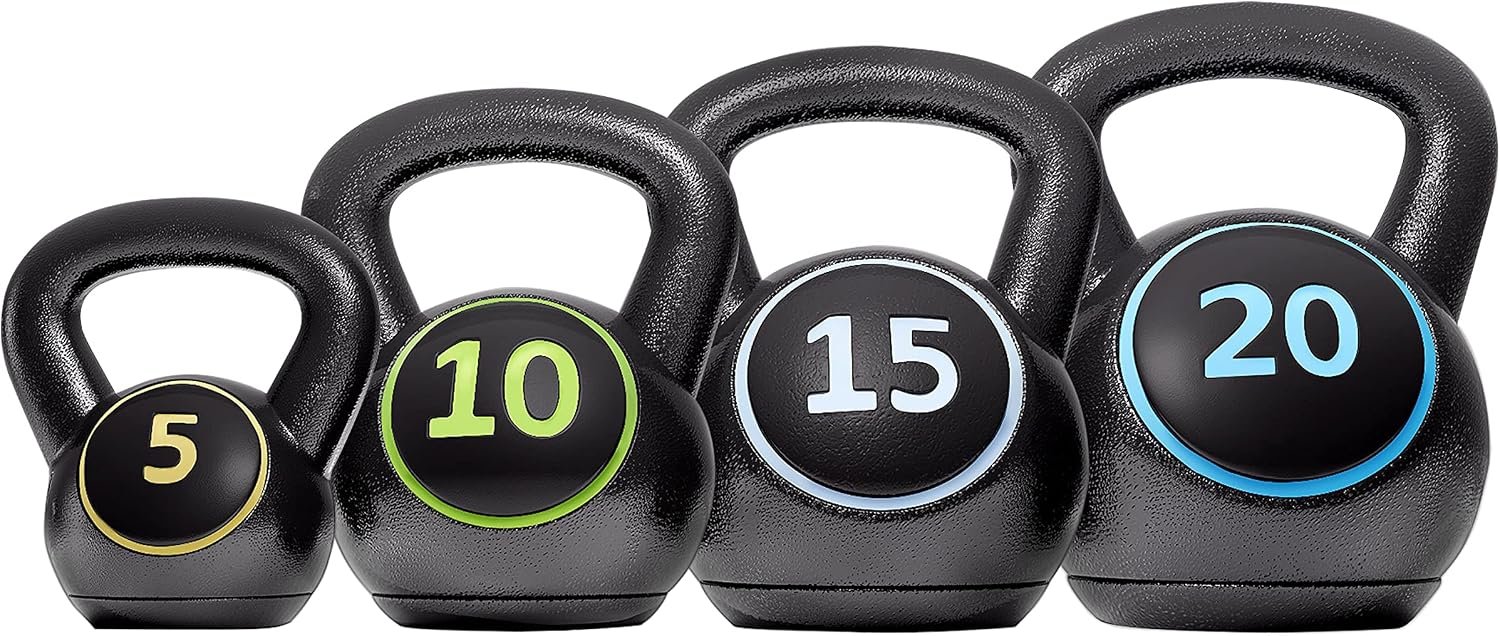 Yaheetech 4 Piece Kettlebell Set 5lb 10lb 15lb 20lb Strength Training Black | HDPE and concrete kettlebells support varied weights for home workouts with easy grips and simple strength training routines.