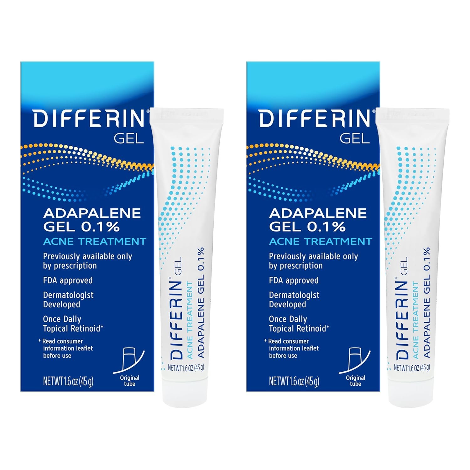 Differin Acne Retinoid Treatment Gel, 0.1% Adapalene, 15g Tube, 2ct | Pack Of 2, 60-Day Supply, OTC Retinoid, Clears Breakouts, Gentle On Sensitive Skin, Dermatologist Recommended