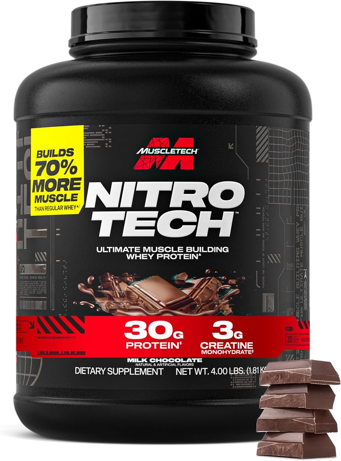 Muscletech Whey Protein Powder (Milk Chocolate, 4 Pound) – Nitro-Tech Ultimate Muscle Building Formula with Whey Protein Isolate – 30g of Protein, 3g of Creatine & 6.8g of BCAA – Packaging May Vary