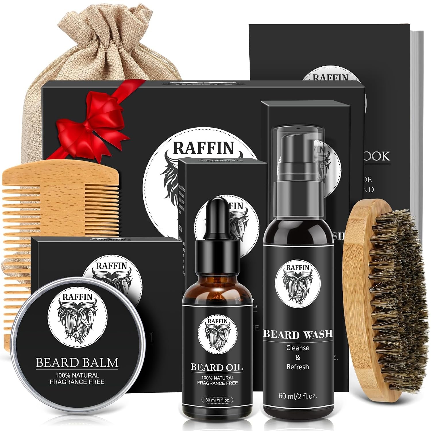 RAFFIN Beard Kit w/Beard Oil, Beard Balm, Beard Brush, Beard Comb, Beard Wash/Shampoo for Men’s Self-care, Christmas & Stocking Stuffers for Adult Men, Birthday Gifts for Him Husband Boyfriend Dad