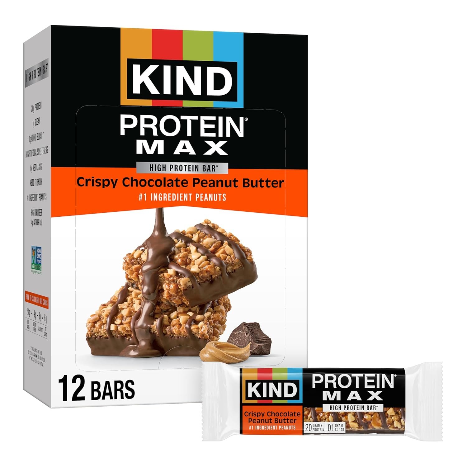 KIND Protein MAX Crispy Chocolate Peanut Butter Snack Bars, 20g of Protein, Keto Friendly, 1g of Sugar Per Bar, Gluten Free, 12 Count Box | A high-fiber, post-workout recovery boost with 20g protein and 1g sugar. These crispy, keto-friendly bars are gluten free.