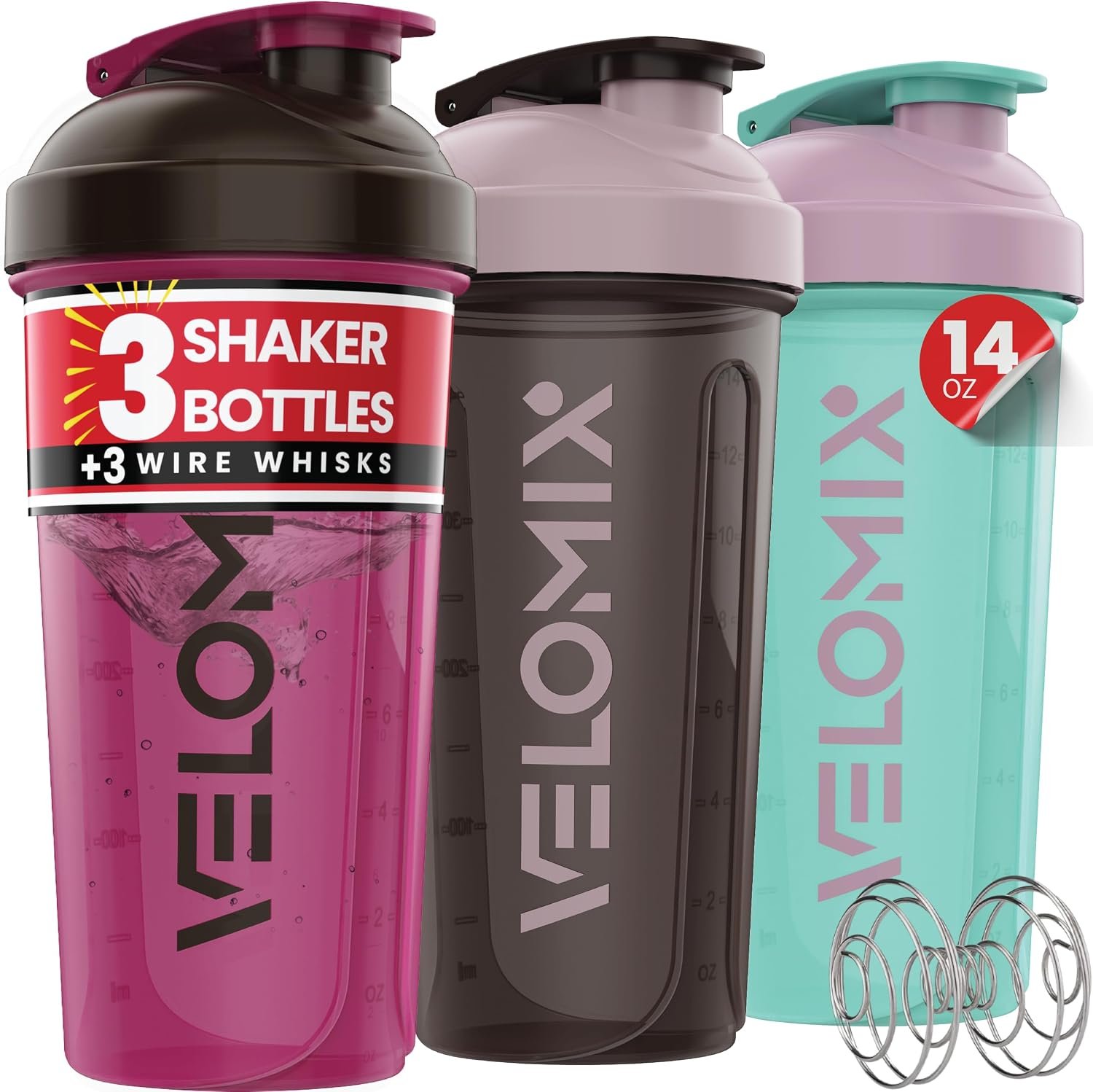 VELOMIX 3 Pack 14oz Protein Shaker Bottle for Protein Mixes, Mixed Colors | 3x Wire Whisk, Leak Proof Shaker Cups for Protein Shakes, Stackable, Dishwasher Safe, BPA Free, Gym Bag Ready