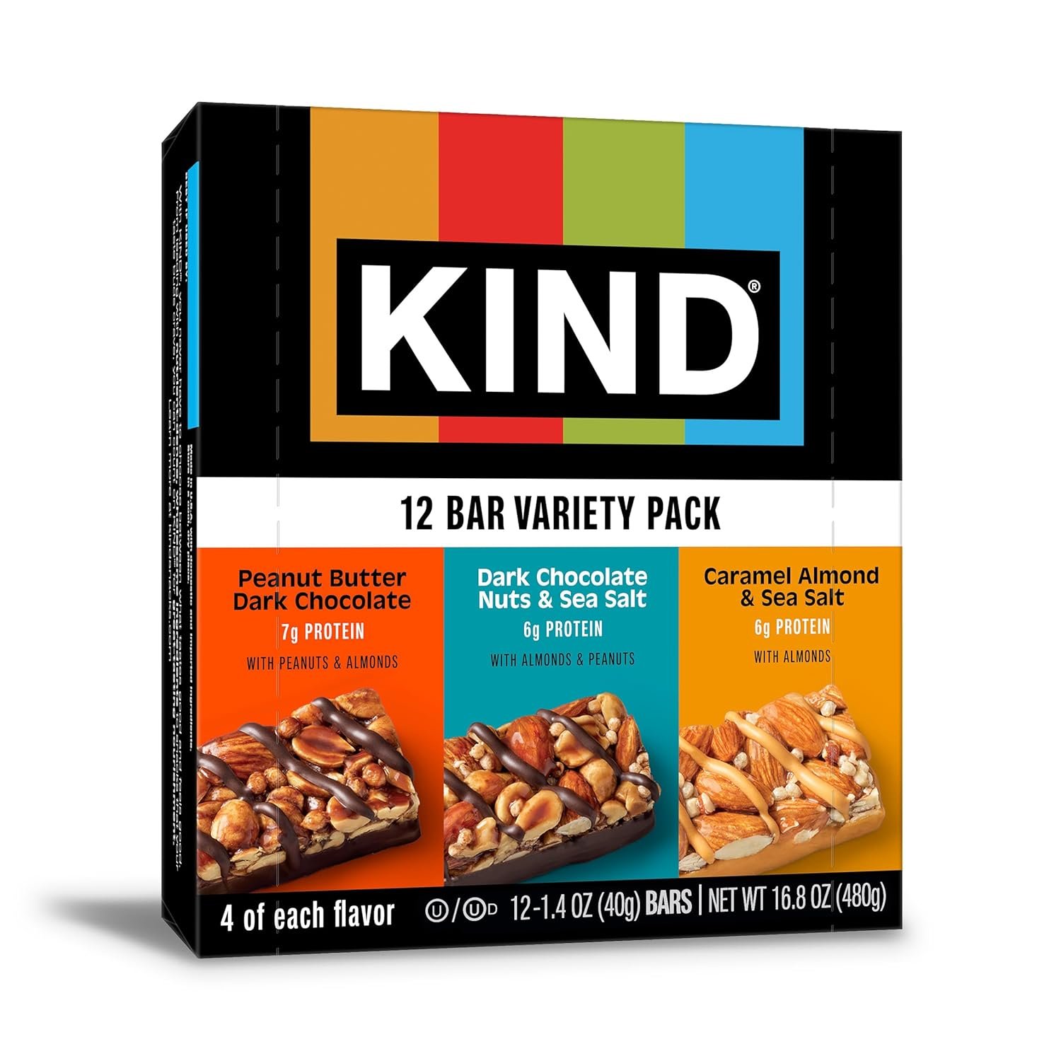 KIND Healthy Snacks Bars Variety Pack, Gluten Free, Low Sugar, High Fiber Snacks, Dark Chocolate Nuts & Sea Salt, Peanut Butter Dark Chocolate, Caramel Almond & Sea Salt, 6-7g Protein, 12 Count
