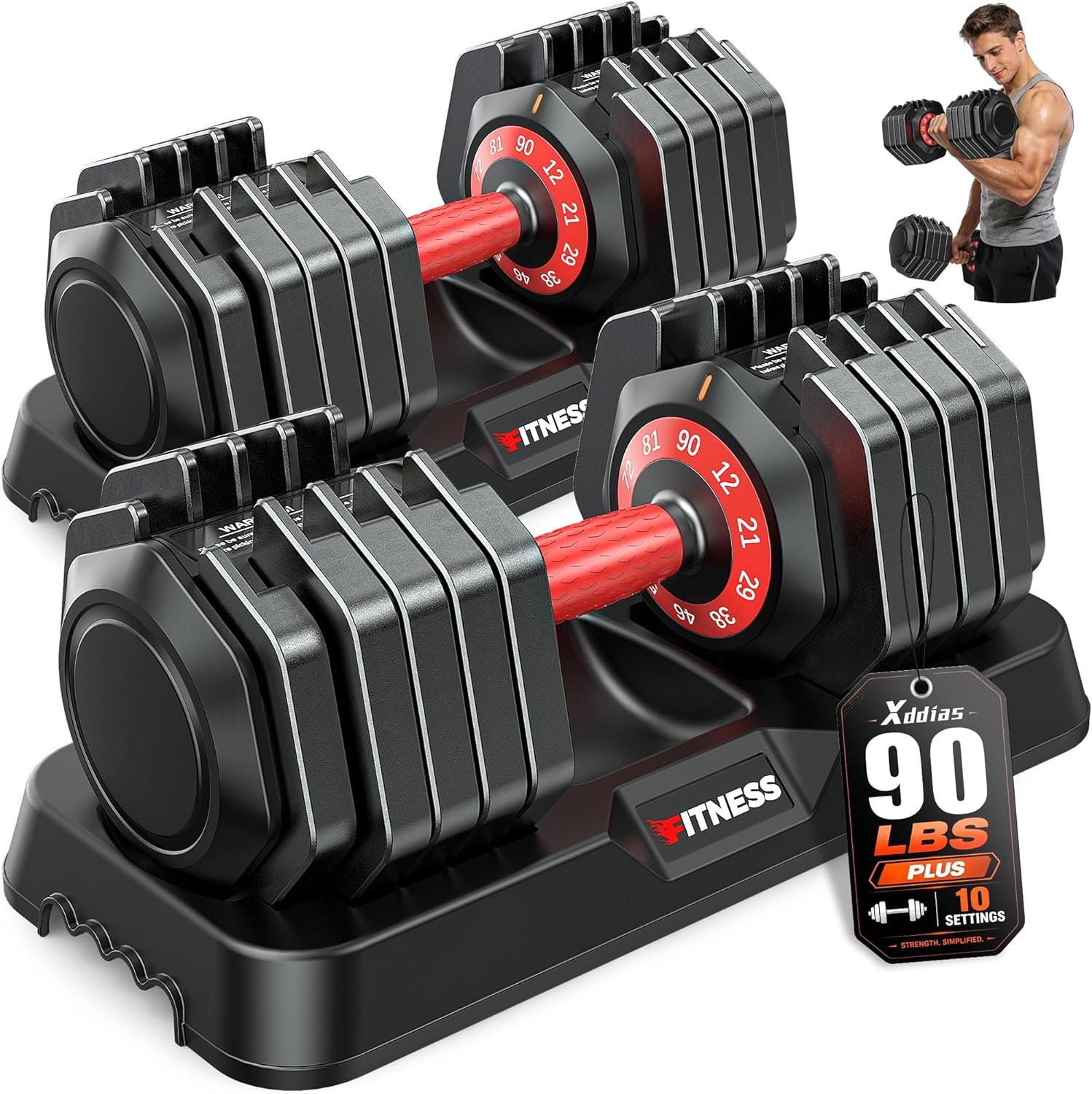 XDDIAS Adjustable Dumbbells Set of 2 for Strength Training, One-Hand Quick Adjust, 25/55/80/90 lbs Options, Anti-Slip Grip Handle, Compact Home Gym Weights for Men Women