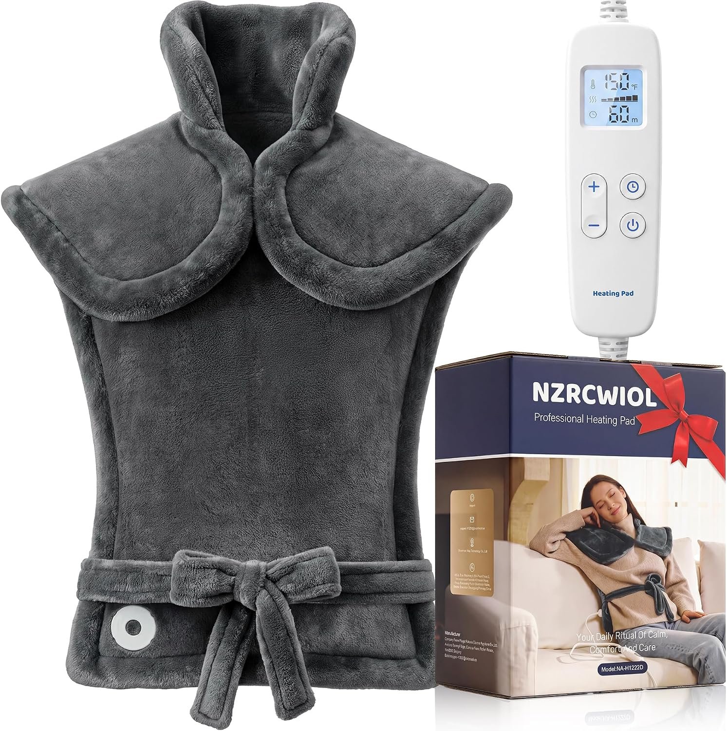 Electric Heating Pad for Neck Shoulder: 33x24in, ETL Certified | Heating Pad for Back Pain Relief – 6 Heat Levels, Weighted Heat Pad Hands-Free, Auto Shut-Off, Flannel Gifts for Women Men