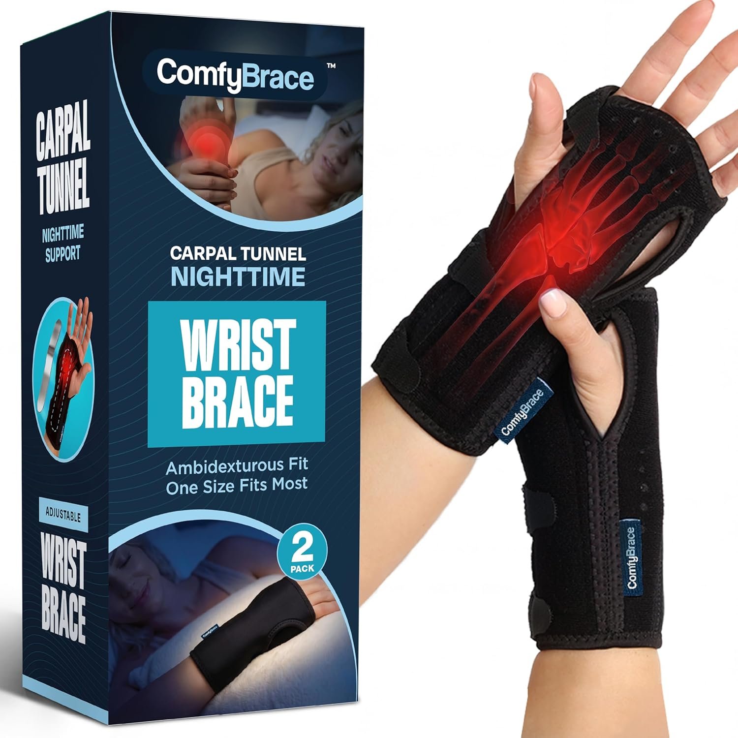 ComfyBrace 2 PACK Nighttime Pain Relief Wrist Brace for Carpal Tunnel, Tendonitis, Arthritis | Fits & Soothes Aches in Both Hands | Palm Cushion Beads for Hot Spots | Breathable Fabric