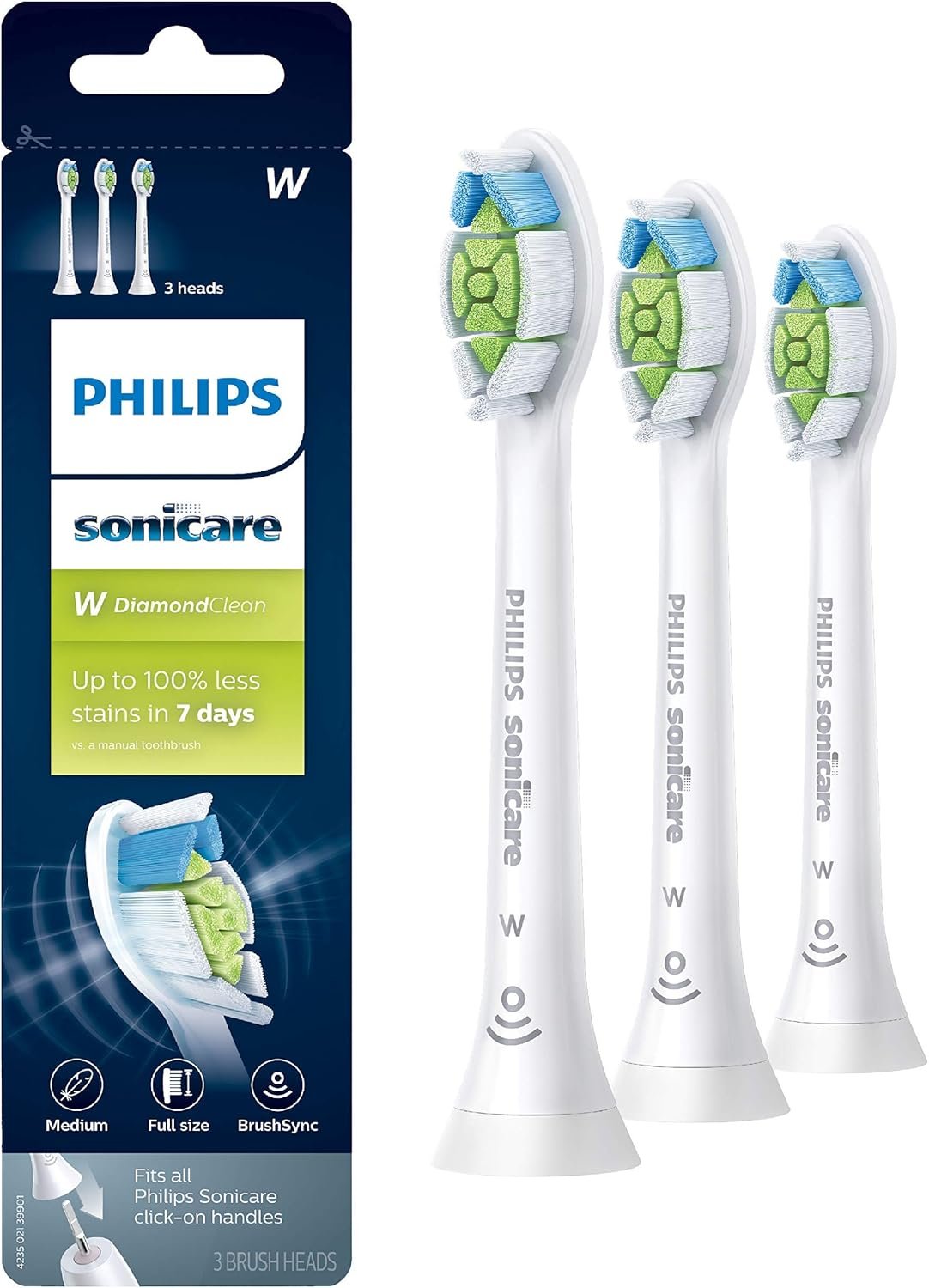 Philips Sonicare W DiamondClean – Genuine Replacement Electric Toothbrush Heads, White, 3 Pack, HX6063/65
