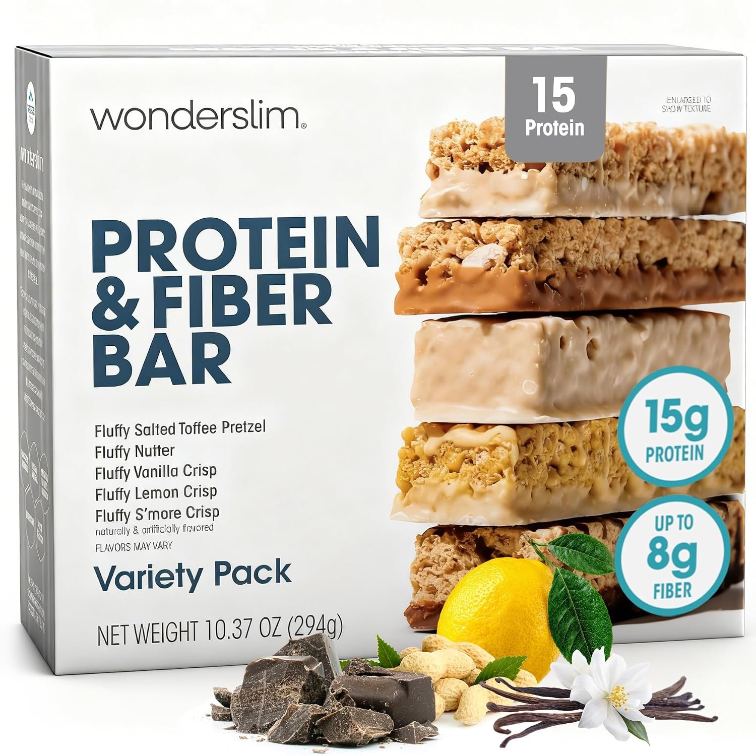 Wonderslim High Fiber Protein Bars, Low Calorie Snack – Variety Pack, 7ct | 15g Protein, Up to 8g Fiber – Gluten-Free, Low Sugar, Protein Snack for Hunger & Craving Control, Weight Management Support