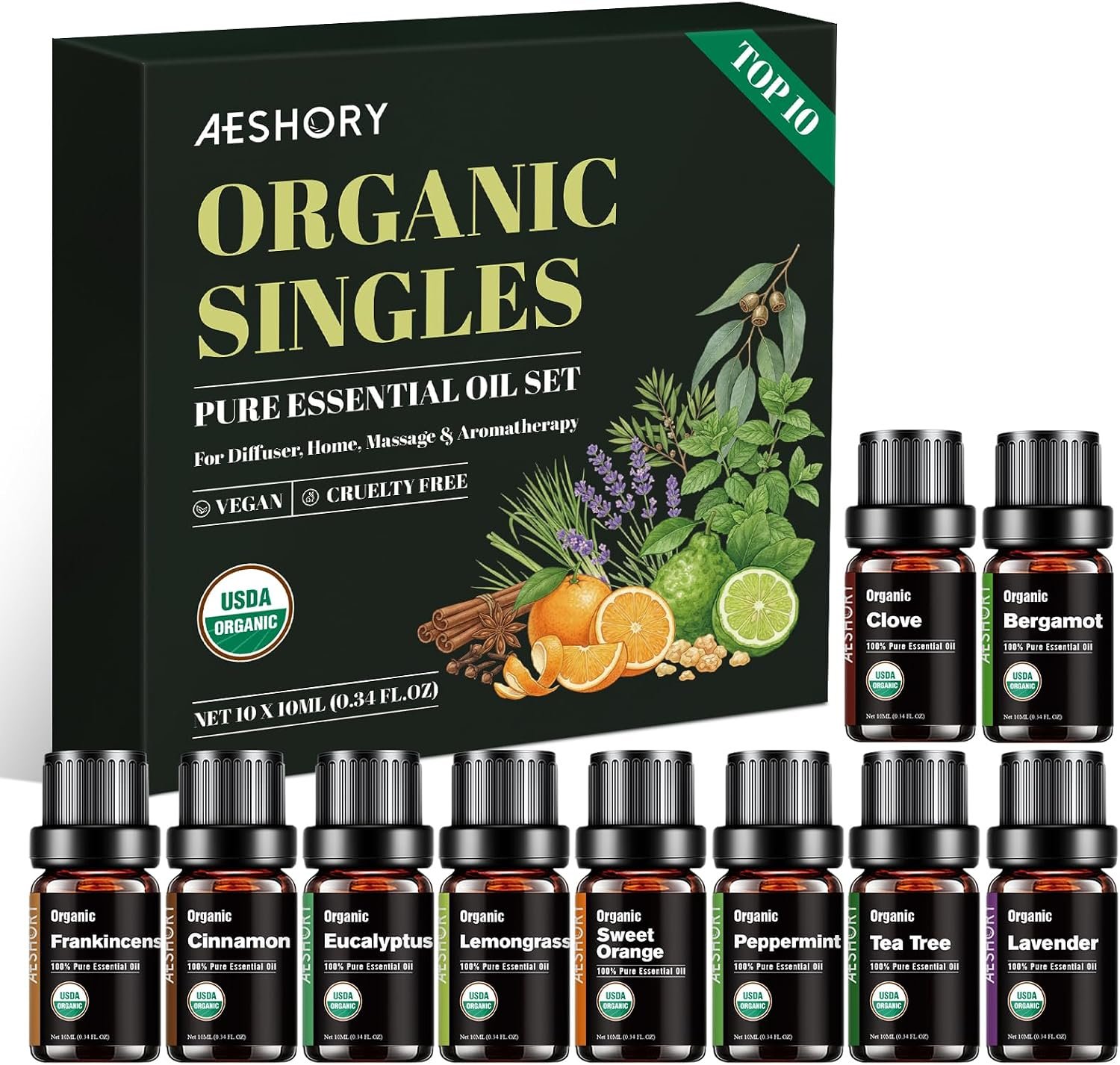 Organic Essential Oils Set, Top 10 100% Pure Natural Oil for Diffusers | Aromatherapy,Humidifiers, Candle Making, Peppermint, Tea Tree, Lavender, Eucalyptus, Lemongrass, Frankincense More 10x 10ml